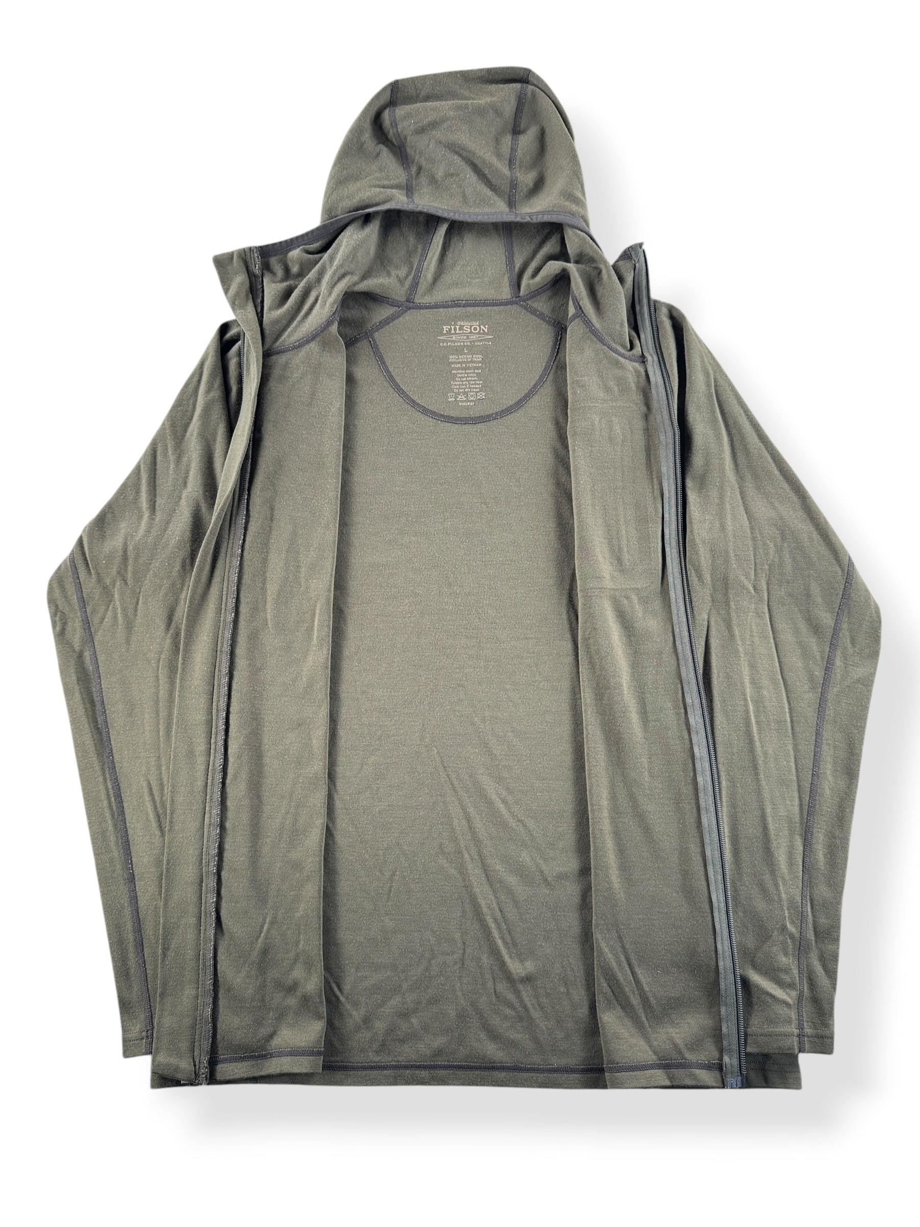 Inside of Filson Merino Wool Hoodie SZ L