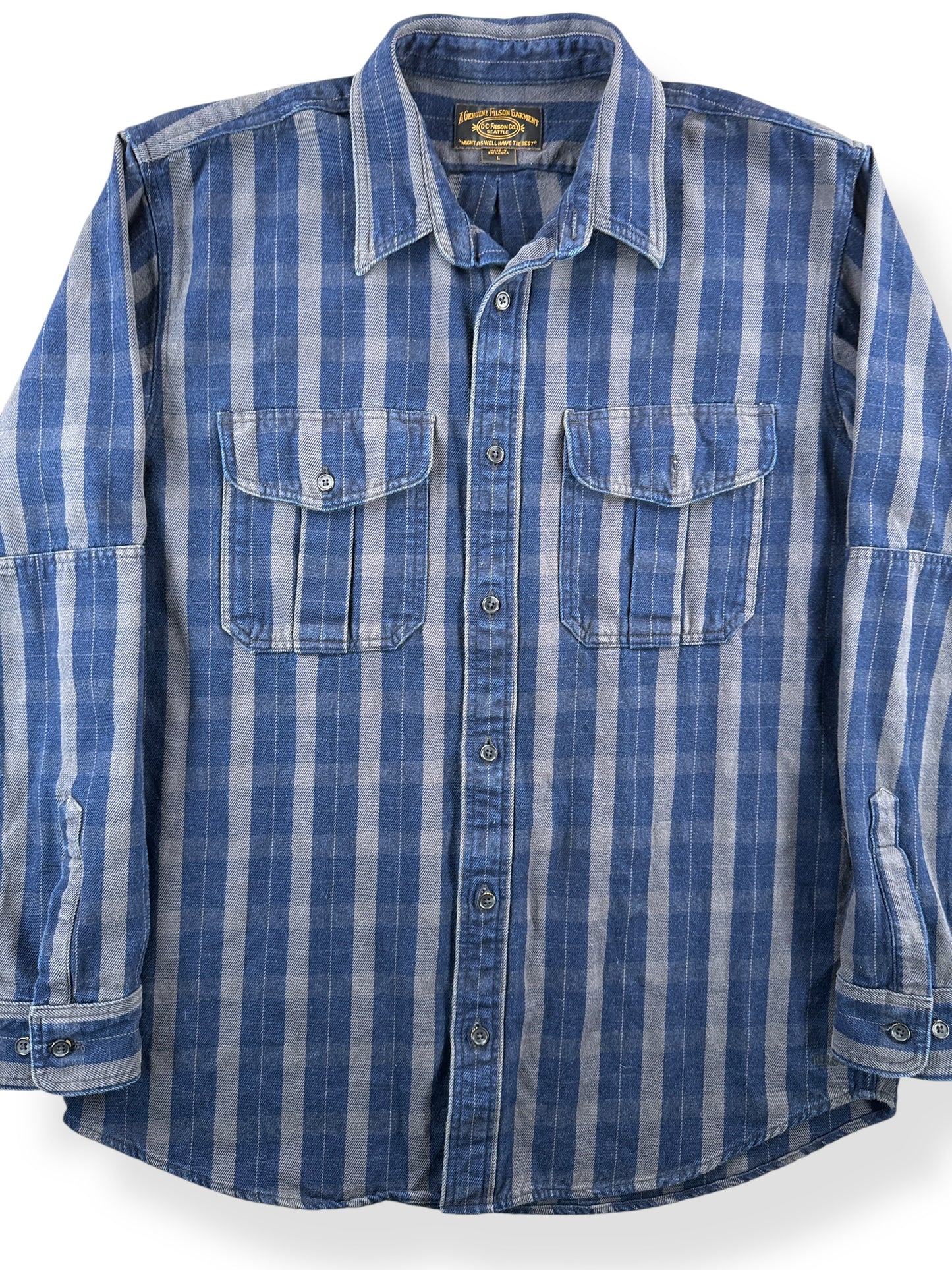 Front Close Up of C. C. Filson Blue & Gray Striped Cotton Flannel SZ L