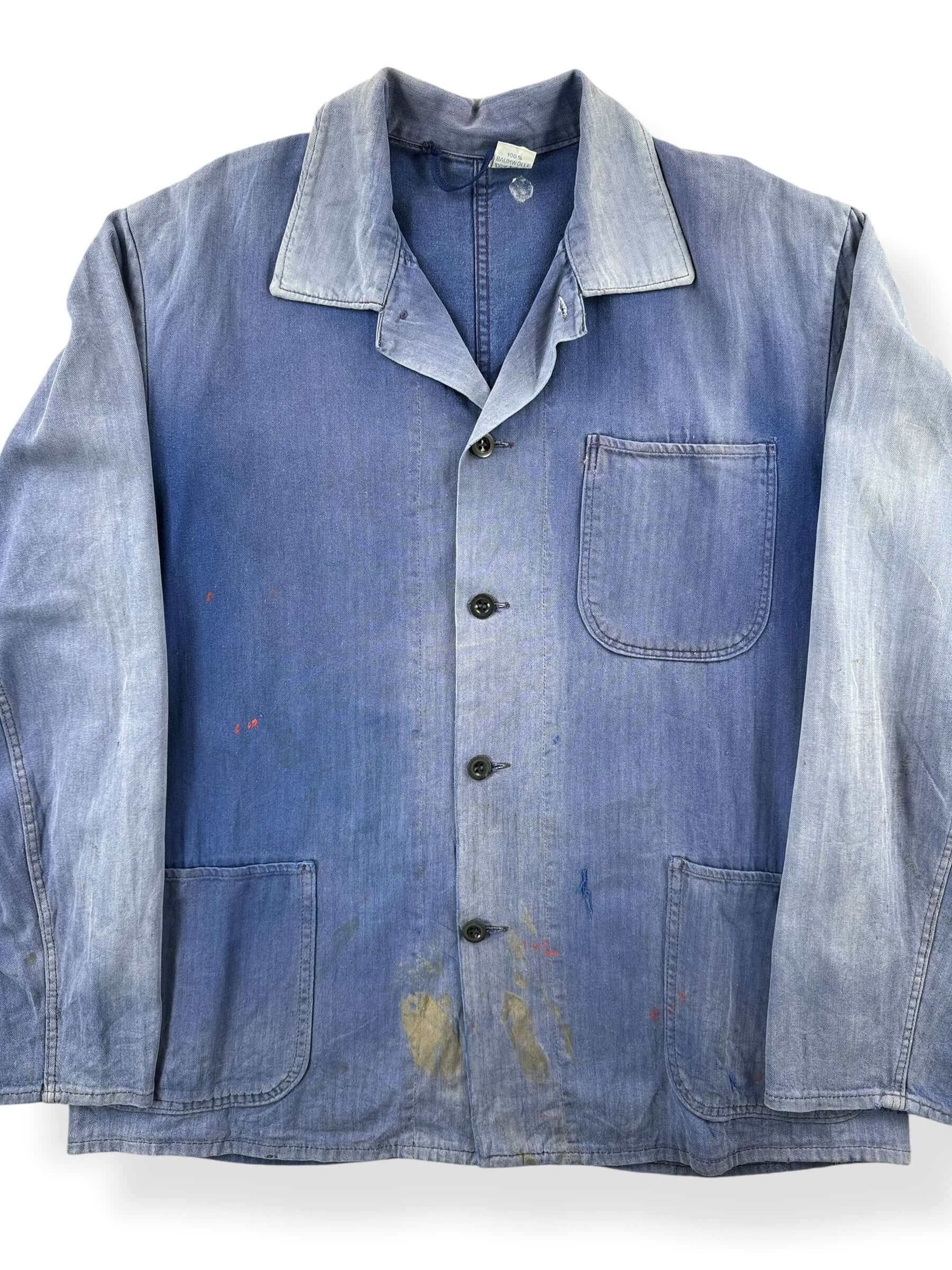 Front Close Up of Vintage Perfectly Sunfaded HBT French Chore Coat SZ L