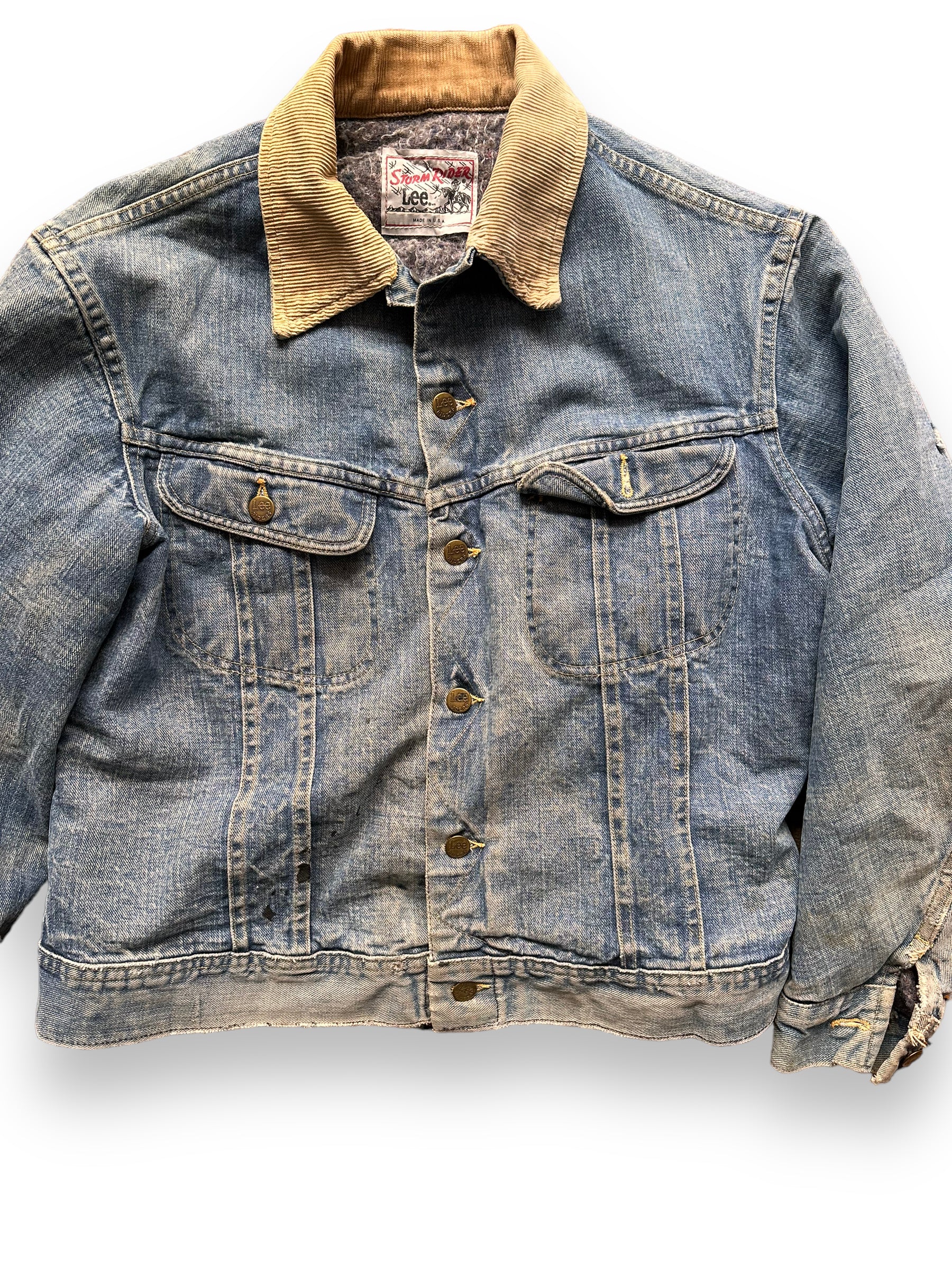 Front Detail on Vintage Blanket Lined Lee Storm Rider Denim Jacket SZ L| Barn Owl Vintage | Seattle True Vintage Workwear