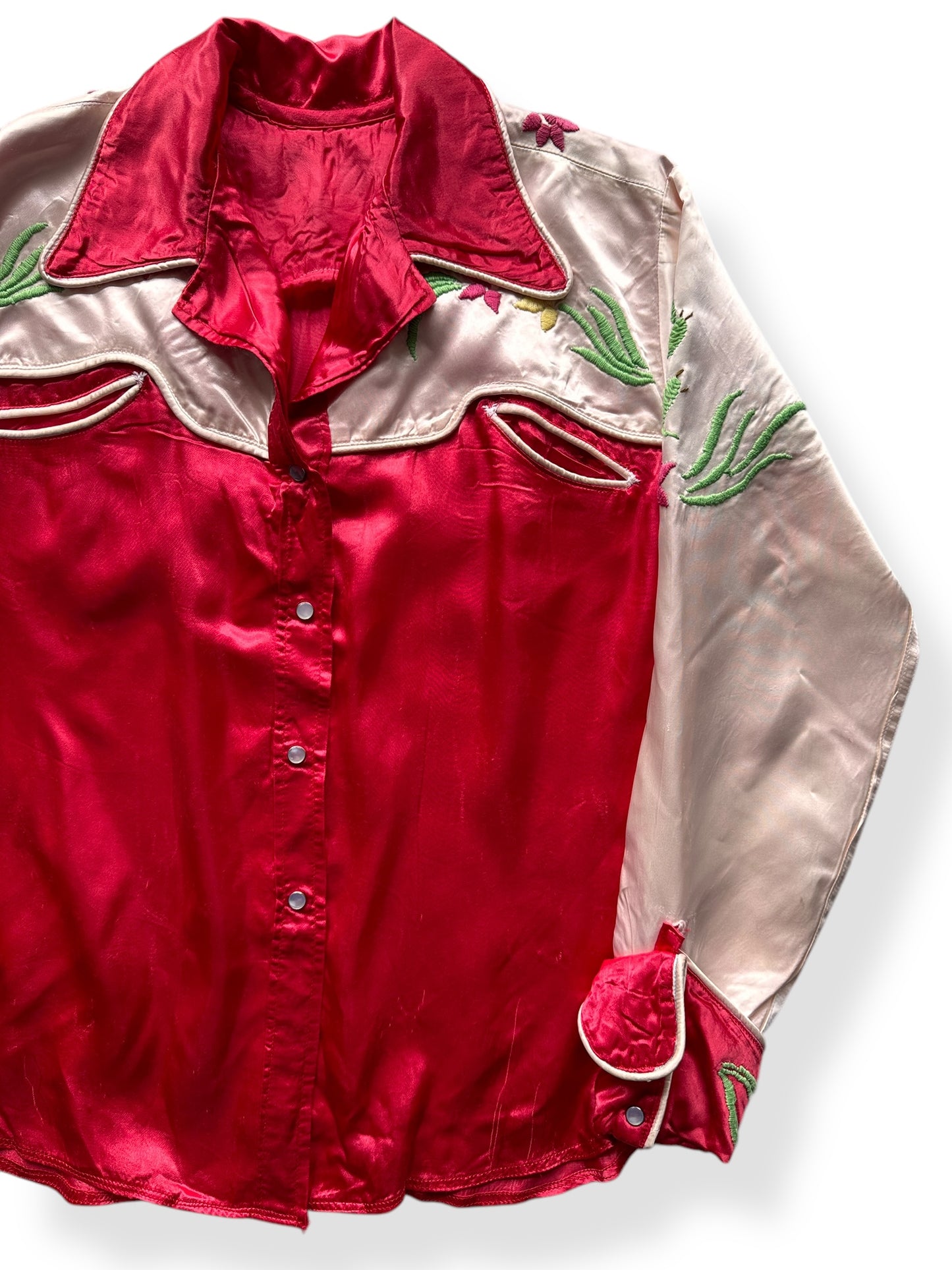 Front Left of Vintage Homemade Red Silk Souvenir Pearlsnap SZ M