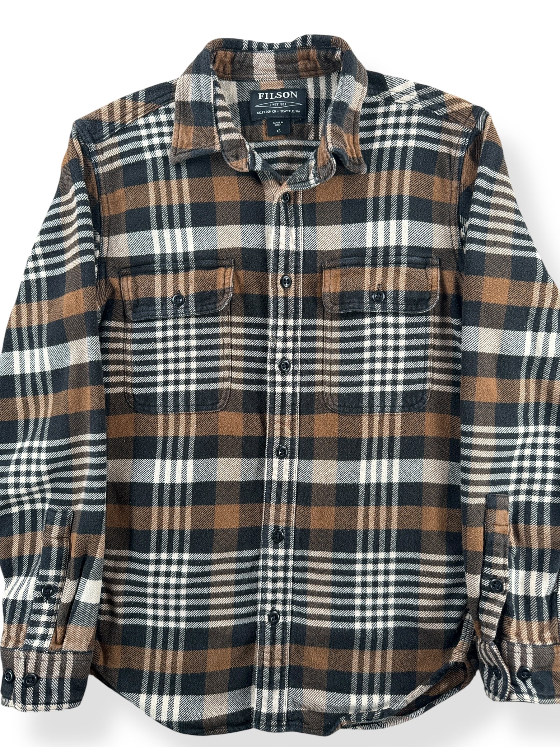 Front Close Up of Filson Black Brown Cream Cotton Flannel Work Shirt SZ XS