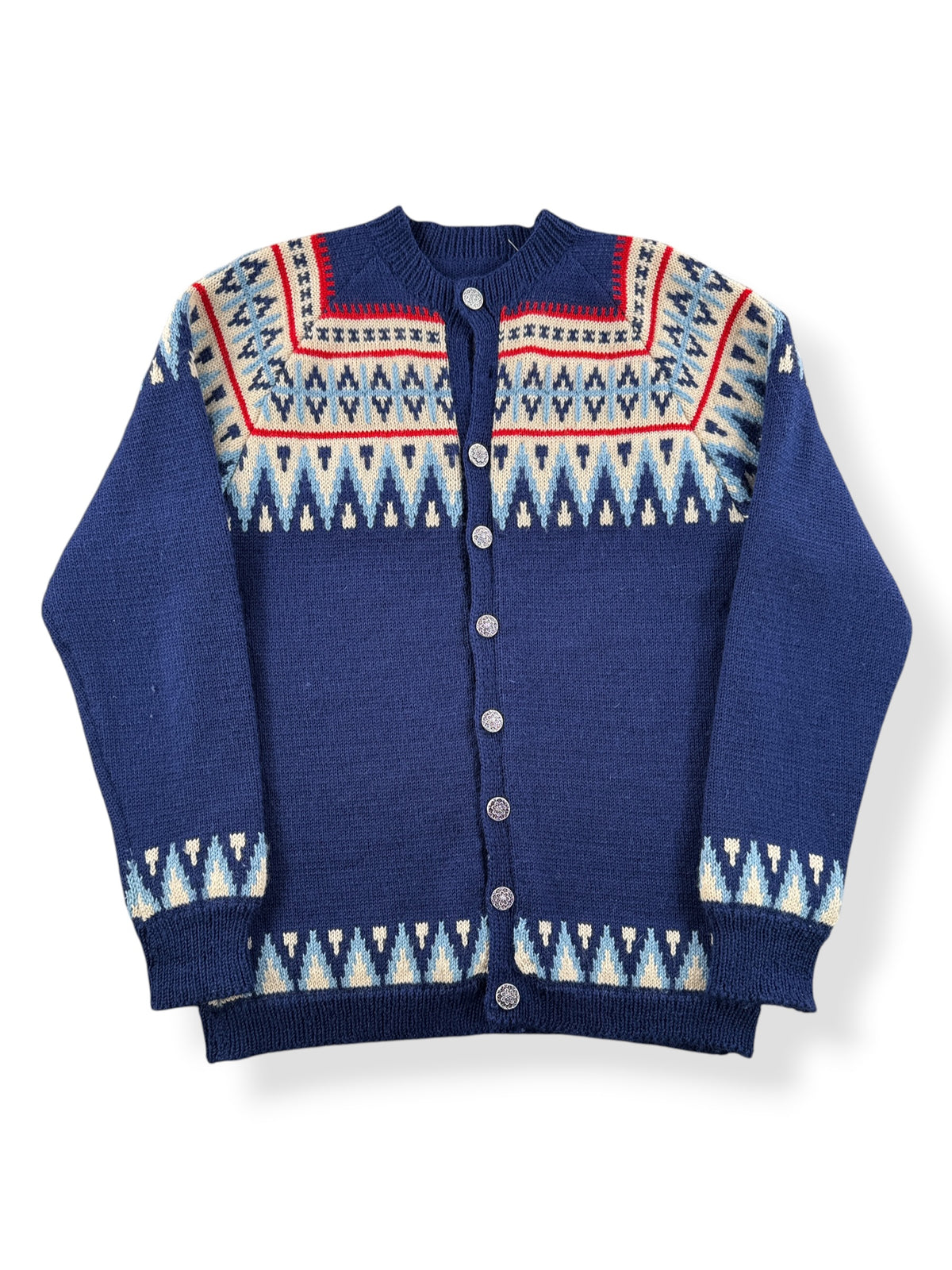 Front of Vintage Blue & Red Norwegian Wool Cardigan SZ M