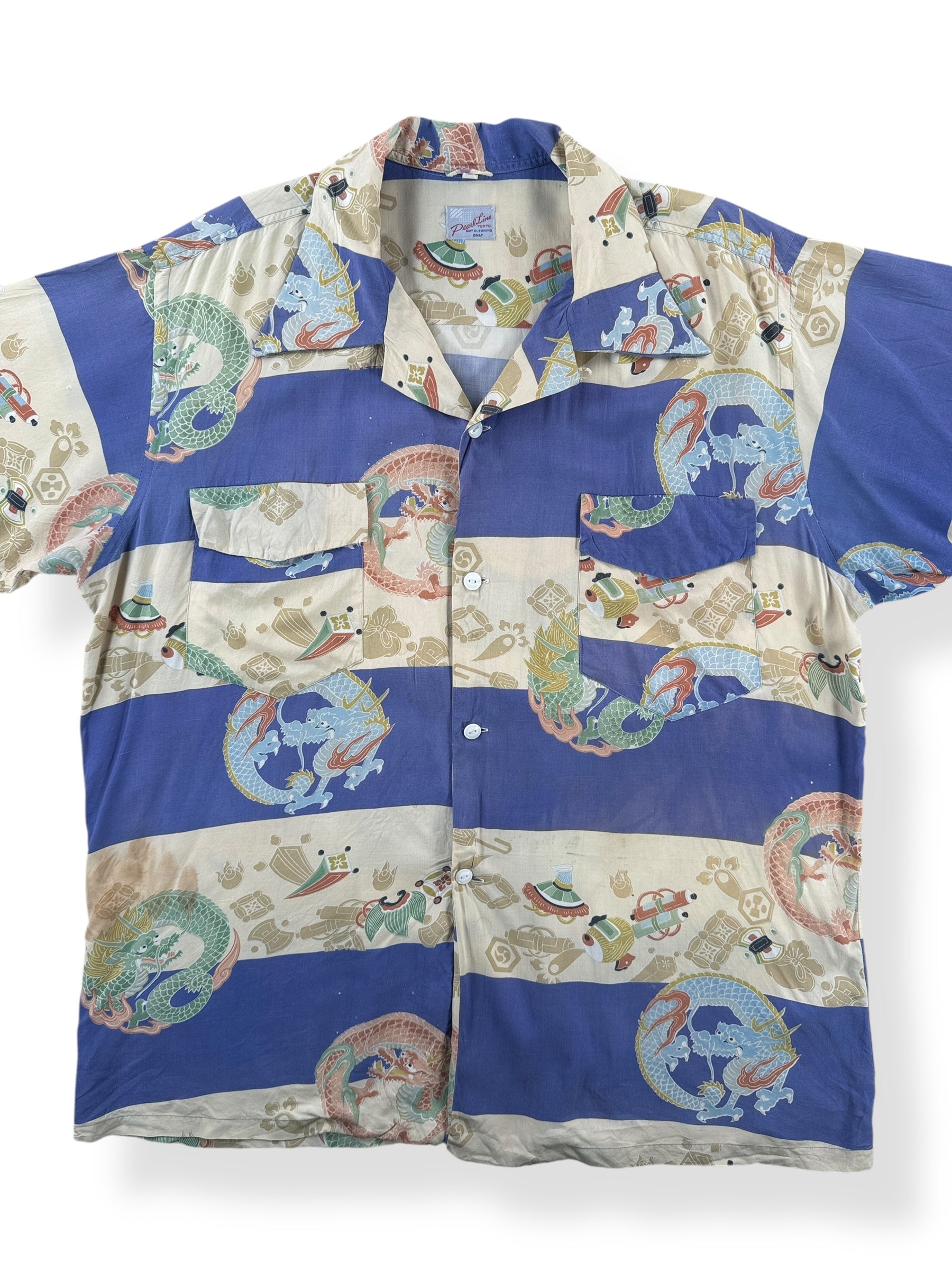 Front Close Up of Vintage Pearl Line Japanese Aloha Shirt SZ L