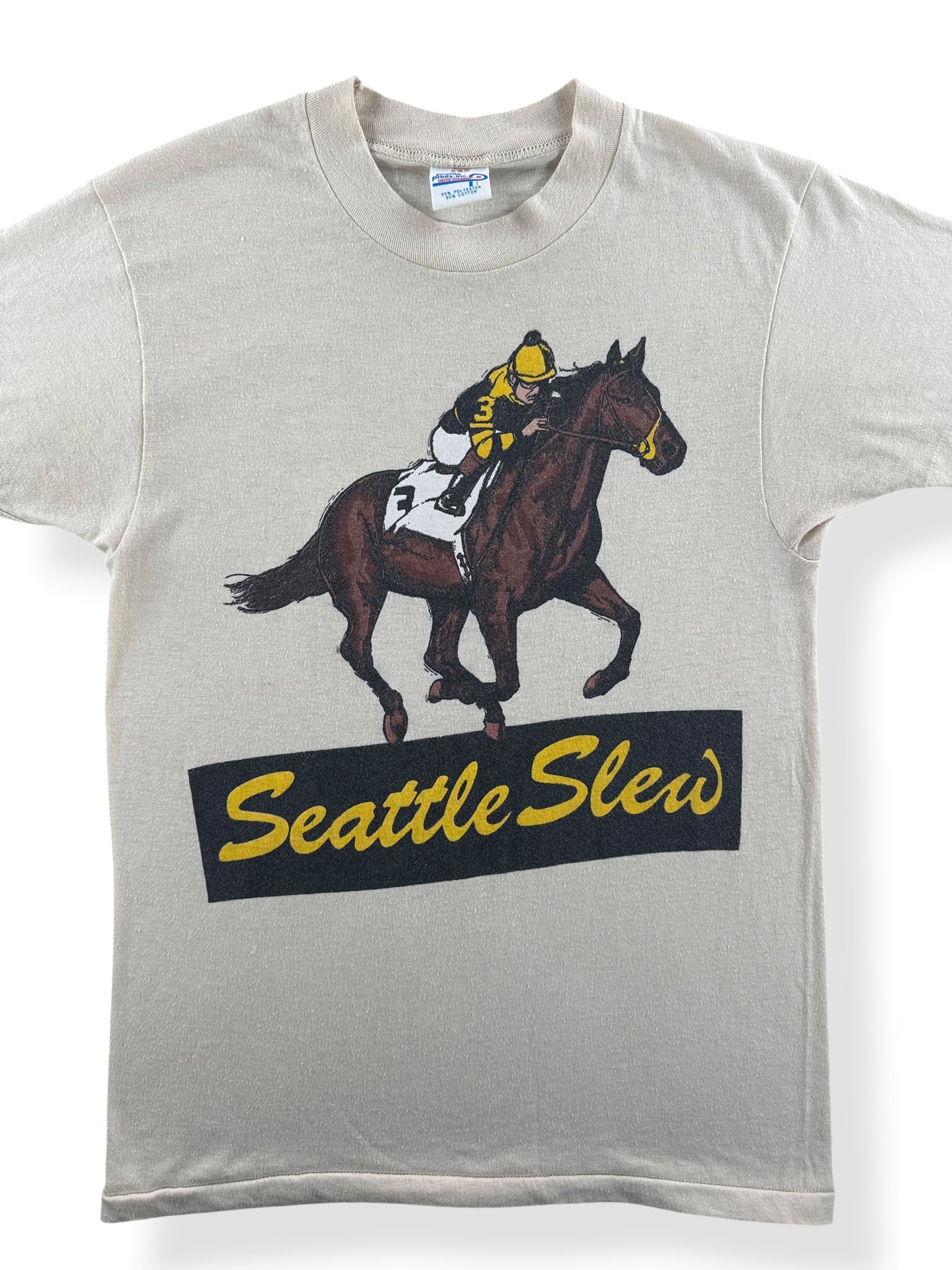 Front Close Up of Vintage Seattle Slew Horse Racing Tee SZ M (Fits XS)