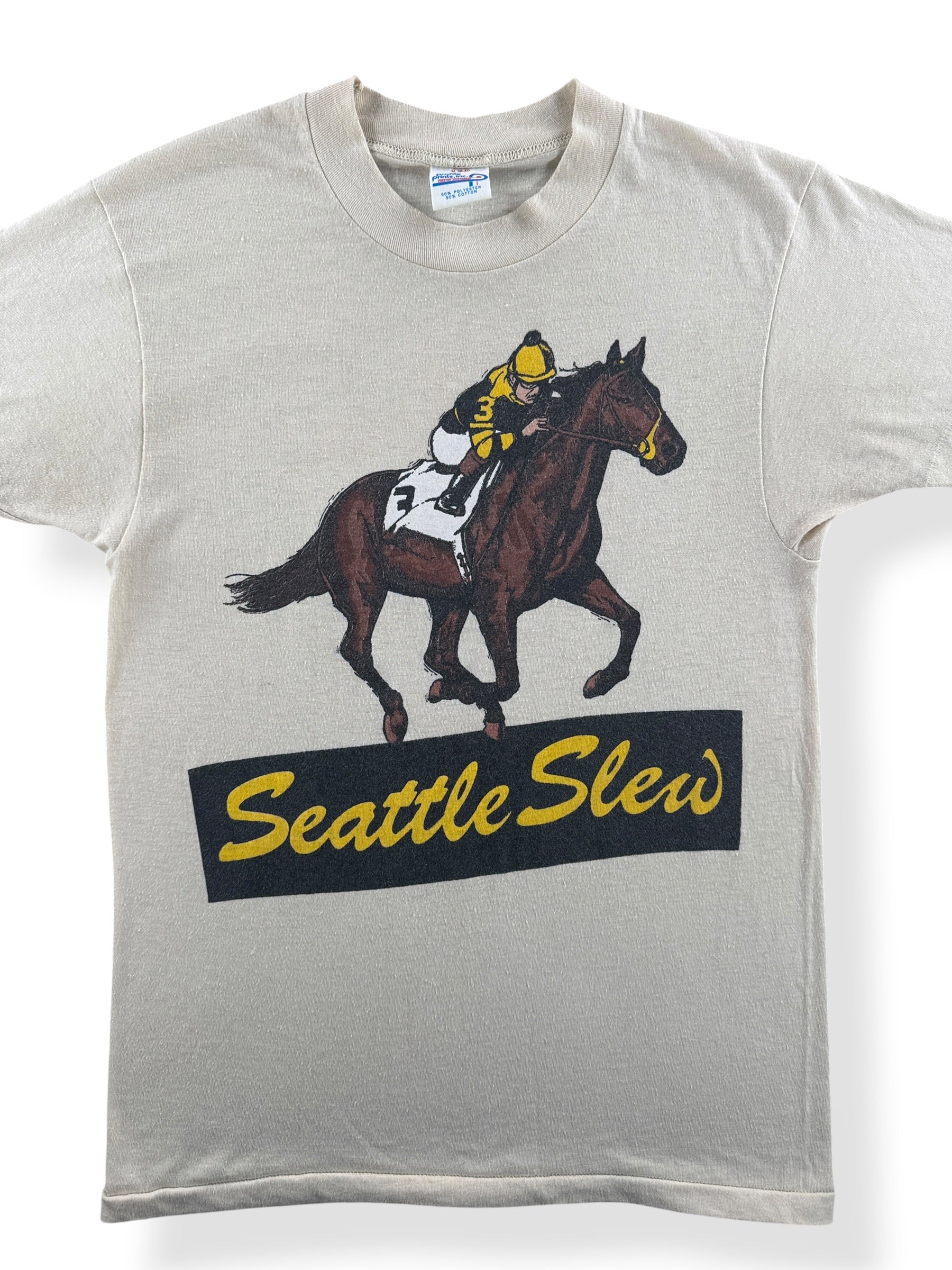 Front Close Up of Vintage Seattle Slew Horse Racing Tee SZ M (Fits XS)