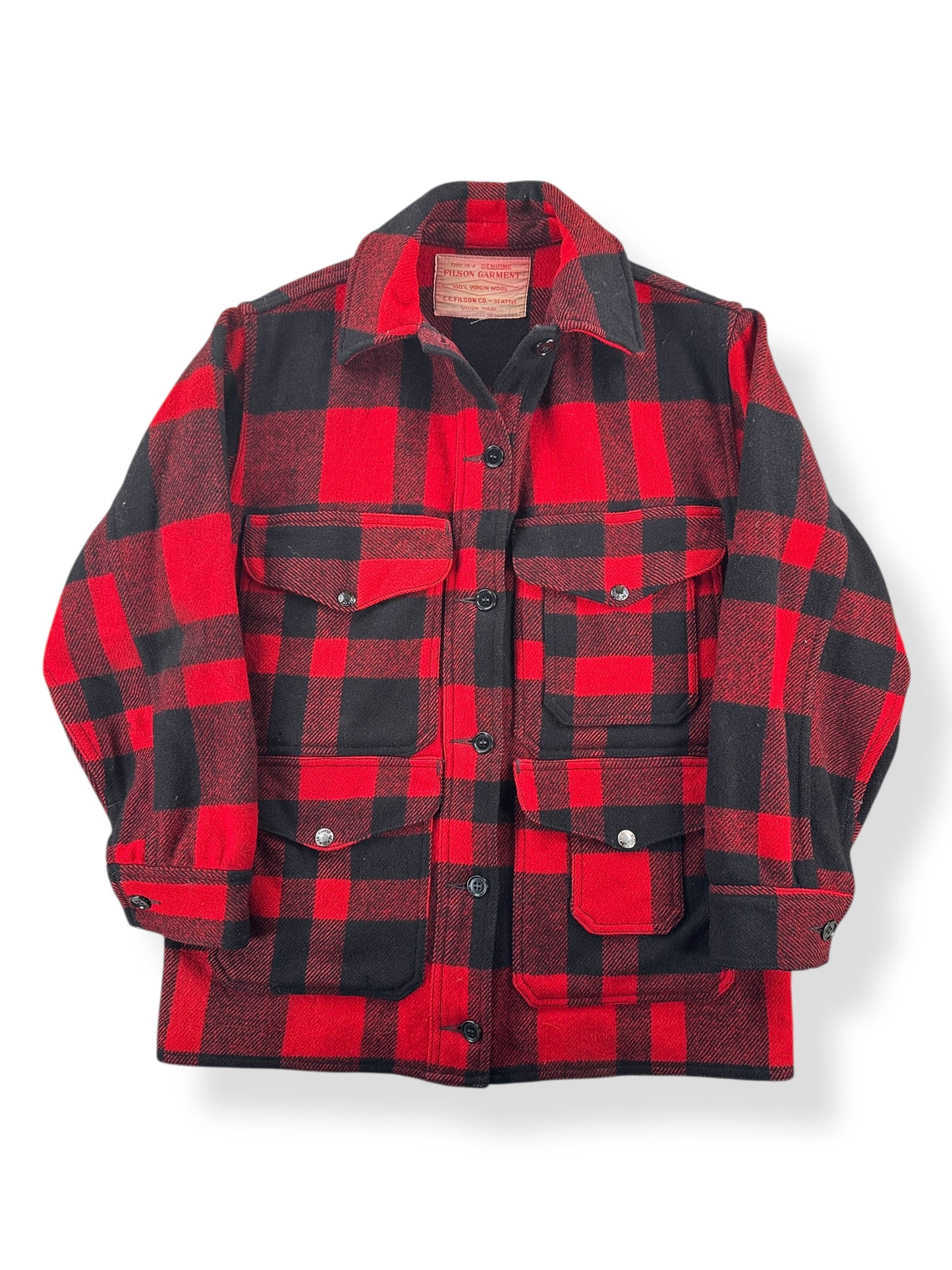 Front of Vintage 60s Era Filson Red And Black Mackinaw Cruiser Jacket SZ 38