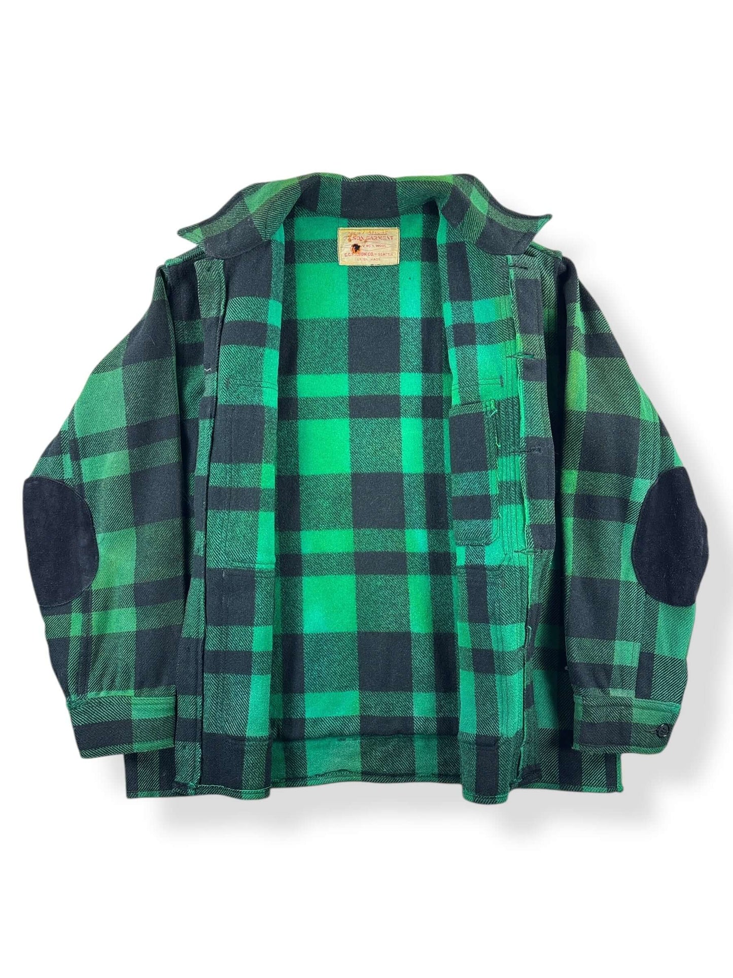 Inside of Vintage Union Made Filson Green and Black Cruiser Jacket SZ 46
