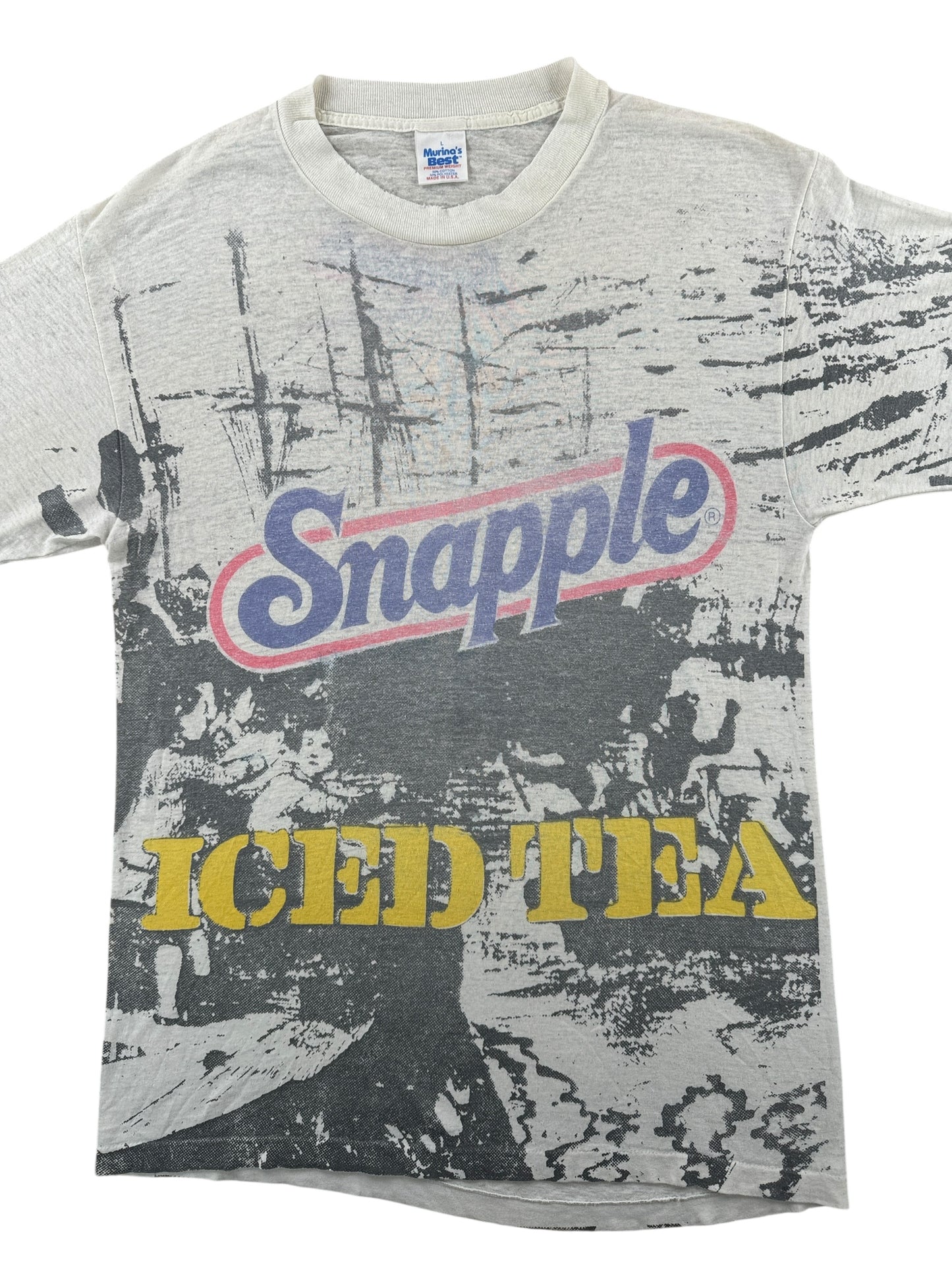 Front Close Up of Vintage Snapple AOP Paper Thin Tee SZ M