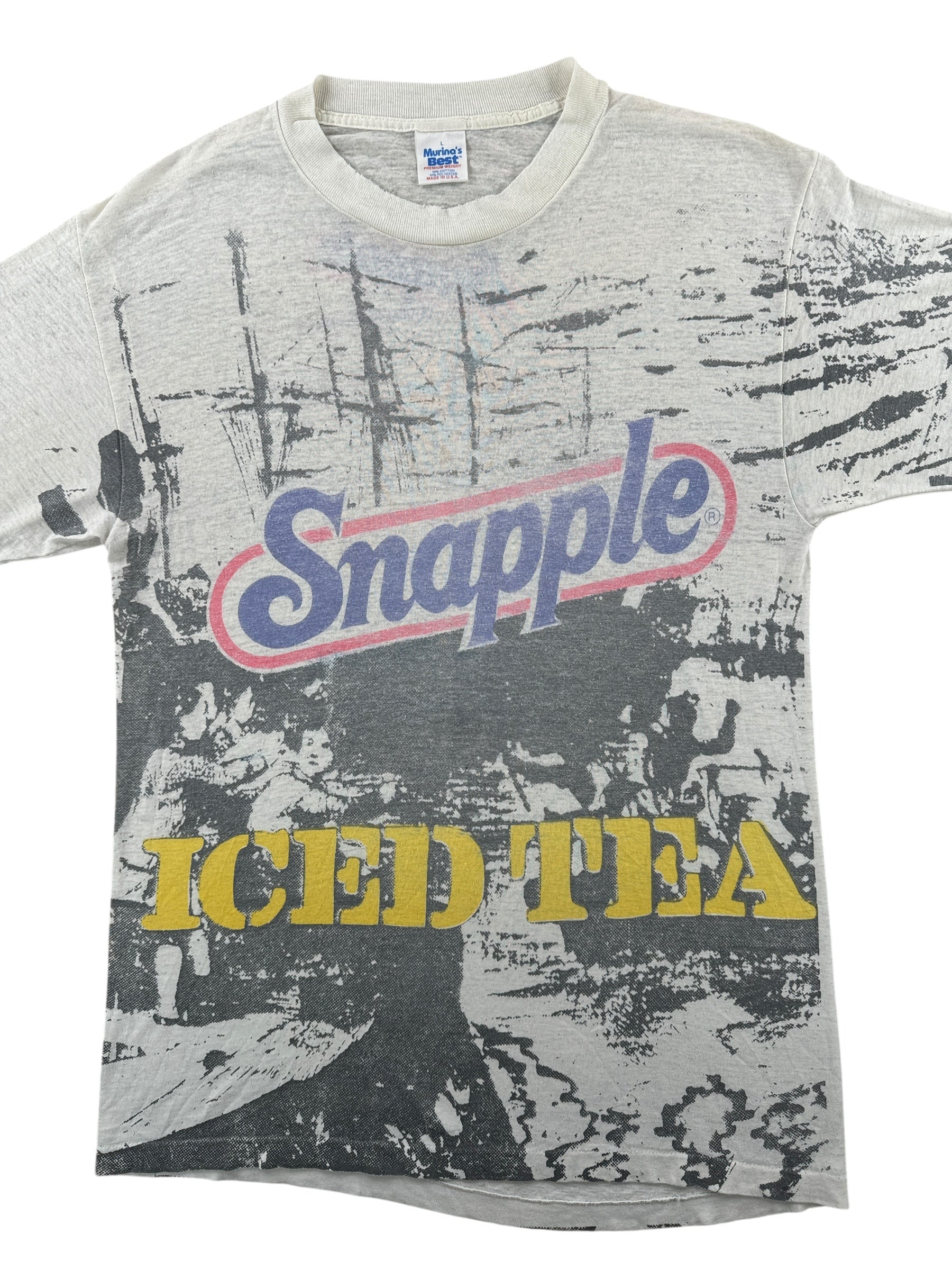 Front Close Up of Vintage Snapple AOP Paper Thin Tee SZ M