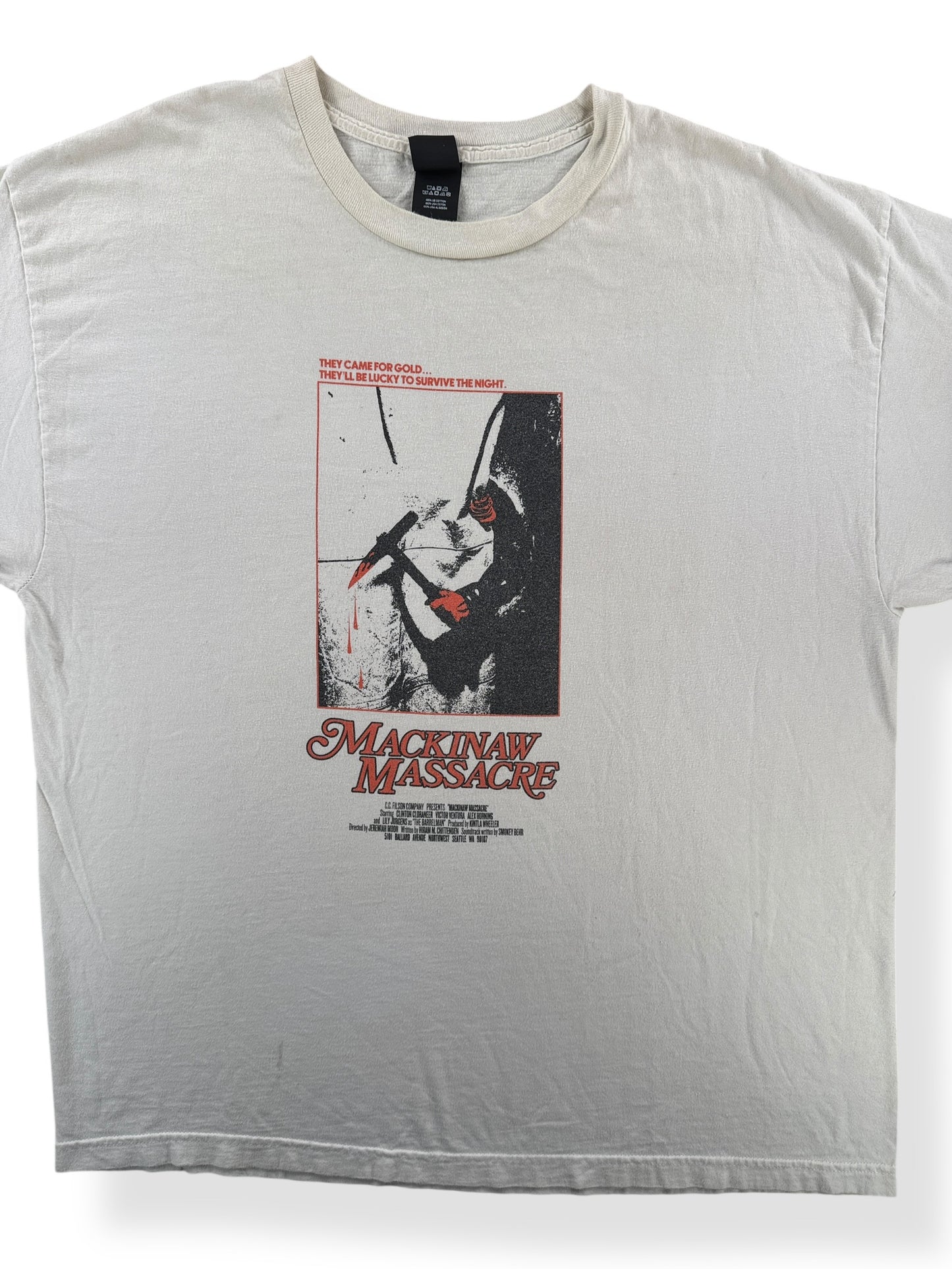 Front Close Up of Rare Filson Employees Only “Mackinaw Massacre” Tee SZ XL