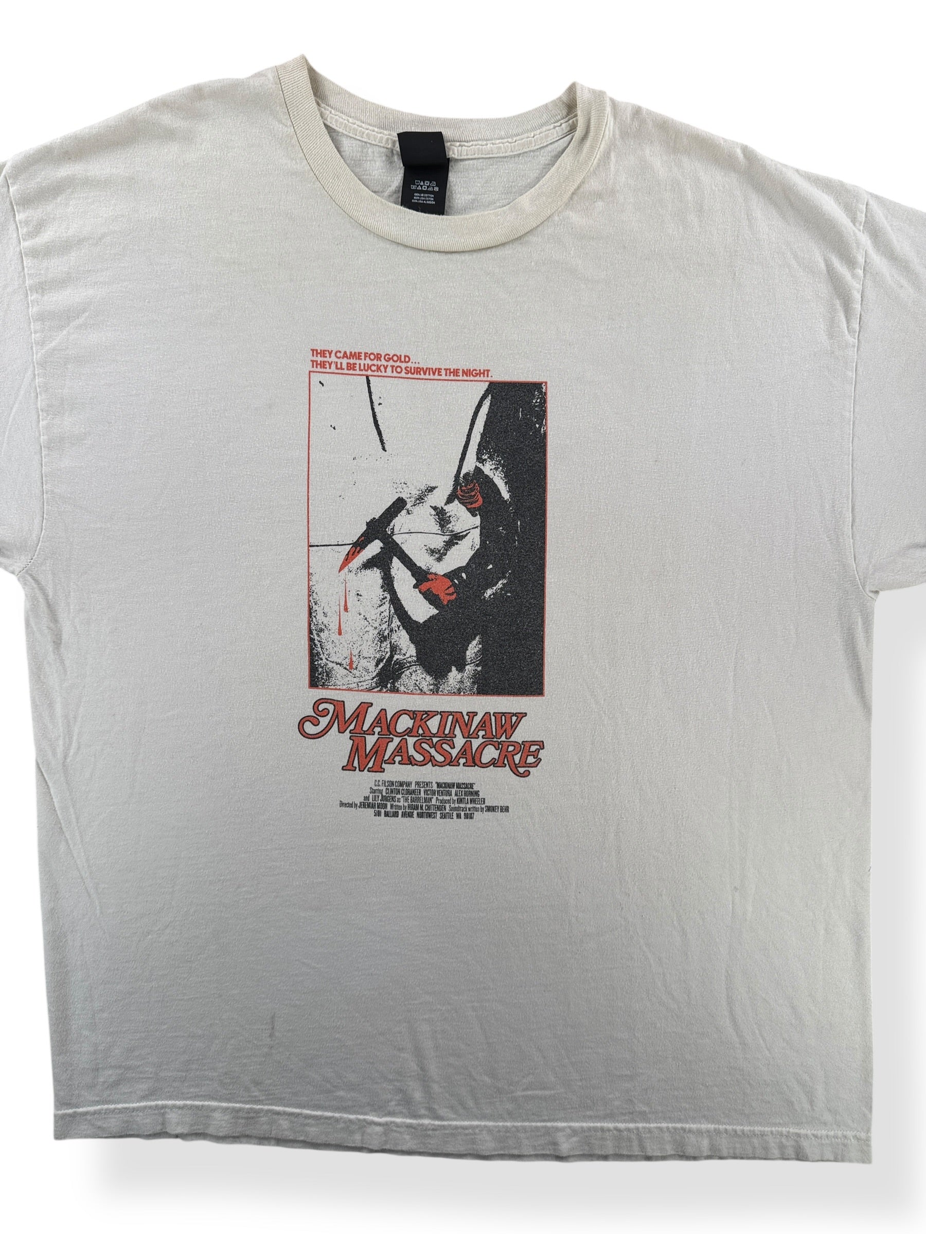 Front Close Up of Rare Filson Employees Only “Mackinaw Massacre” Tee SZ XL