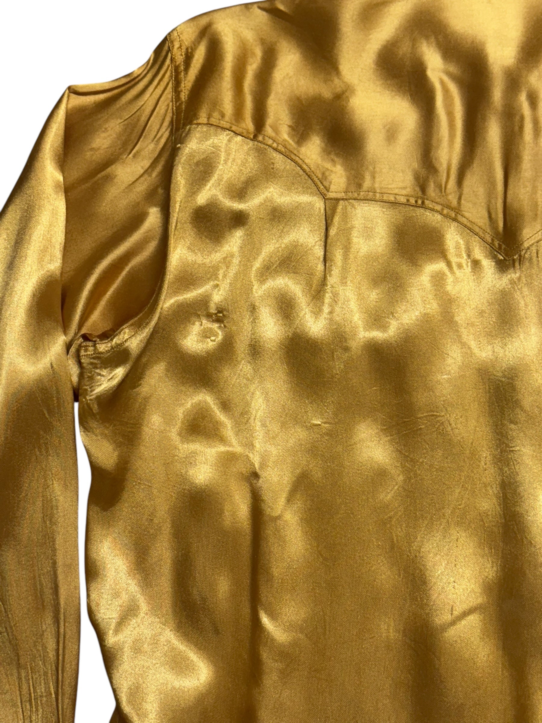 Back left shoulder view of Vintage Gold Satin Pearlsnap Shirt M