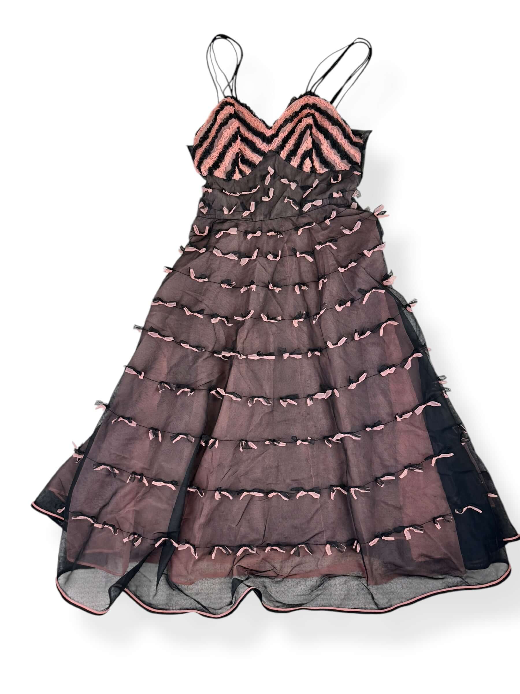 Front view of 1950s Pink and Black Sheer Ruffle Nighty XS