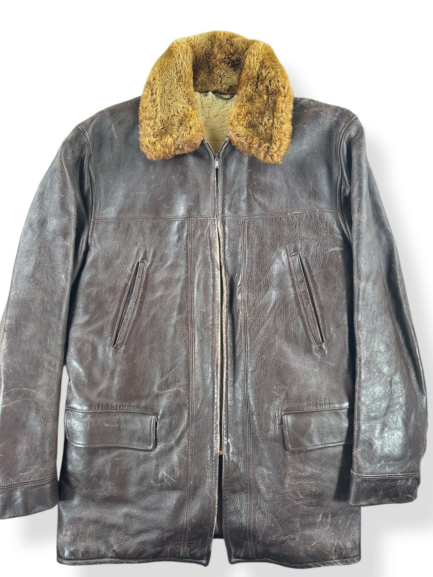 Front Close Up of Vintage Hercules Shearling Leather Jacket SZ M