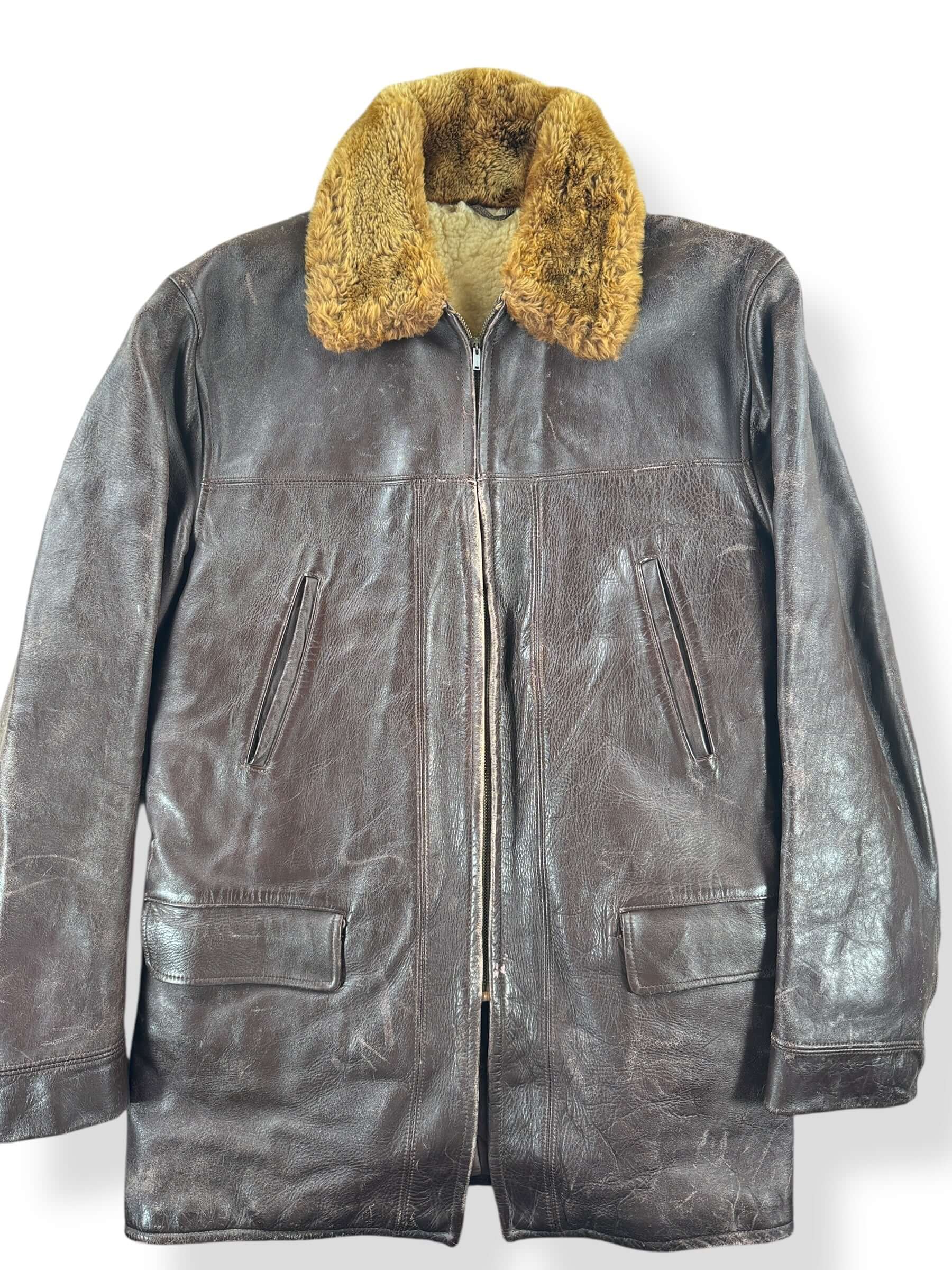 Front Close Up of Vintage Hercules Shearling Leather Jacket SZ M
