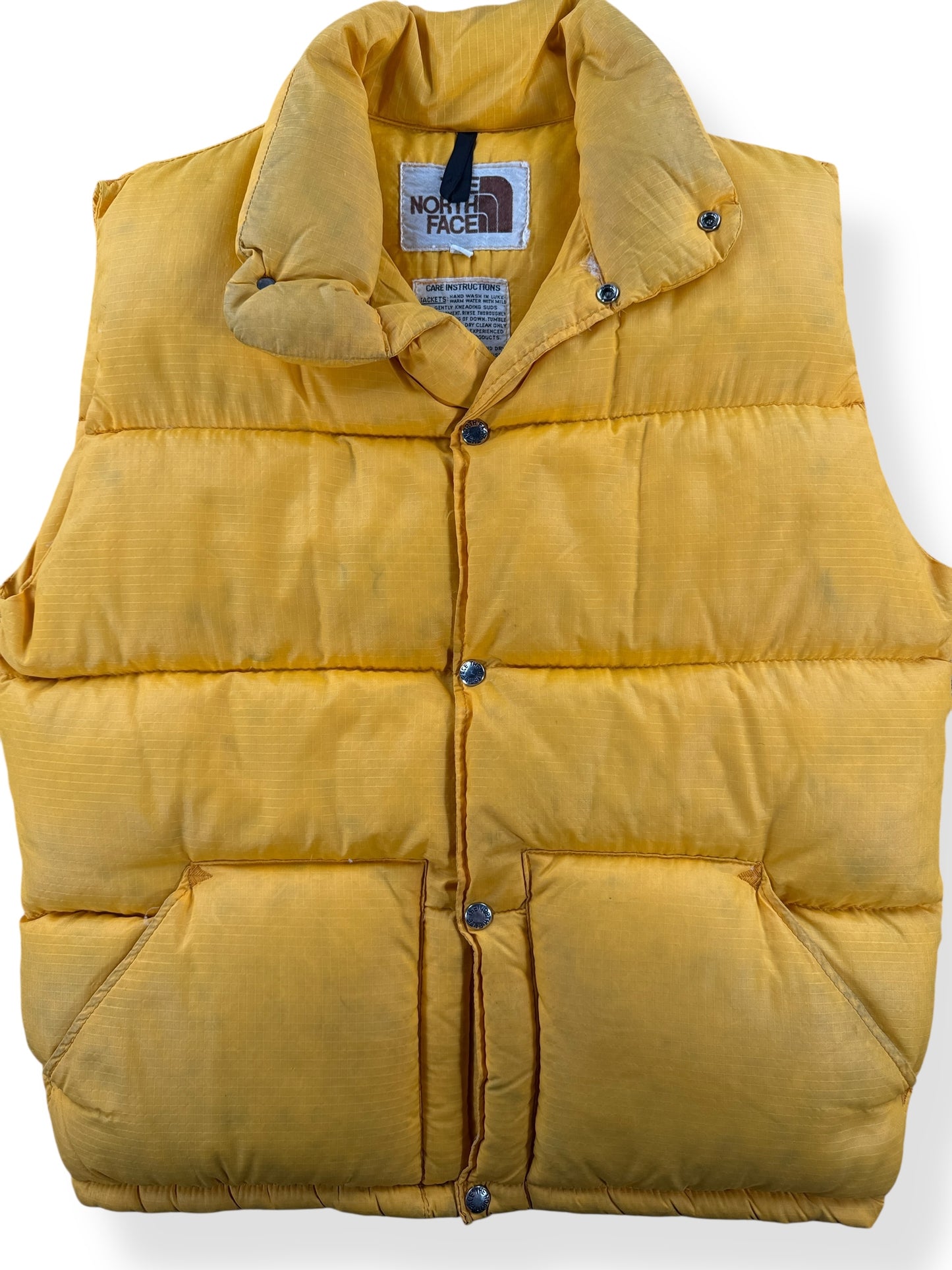 Front Close Up of Vintage North Face Mustard Yellow Down Vest SZ M