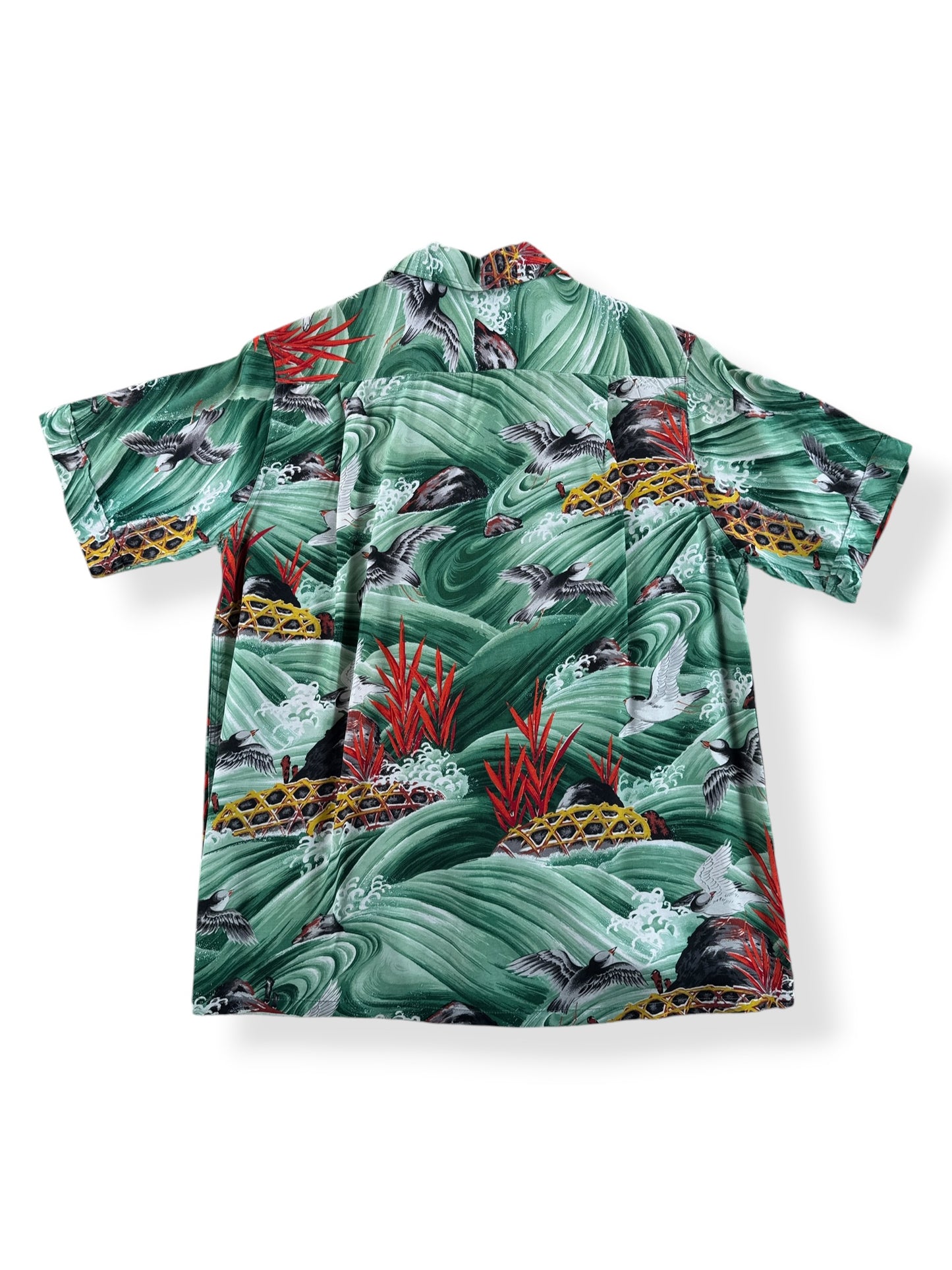 Back of Vintage Penney's Green Sea Bird Aloha Shirt SZ S