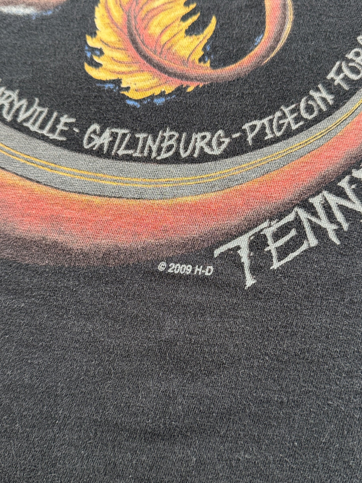 Copyright on the back of 2009 AOP Dragon Harley Davidson Tee SZ M
