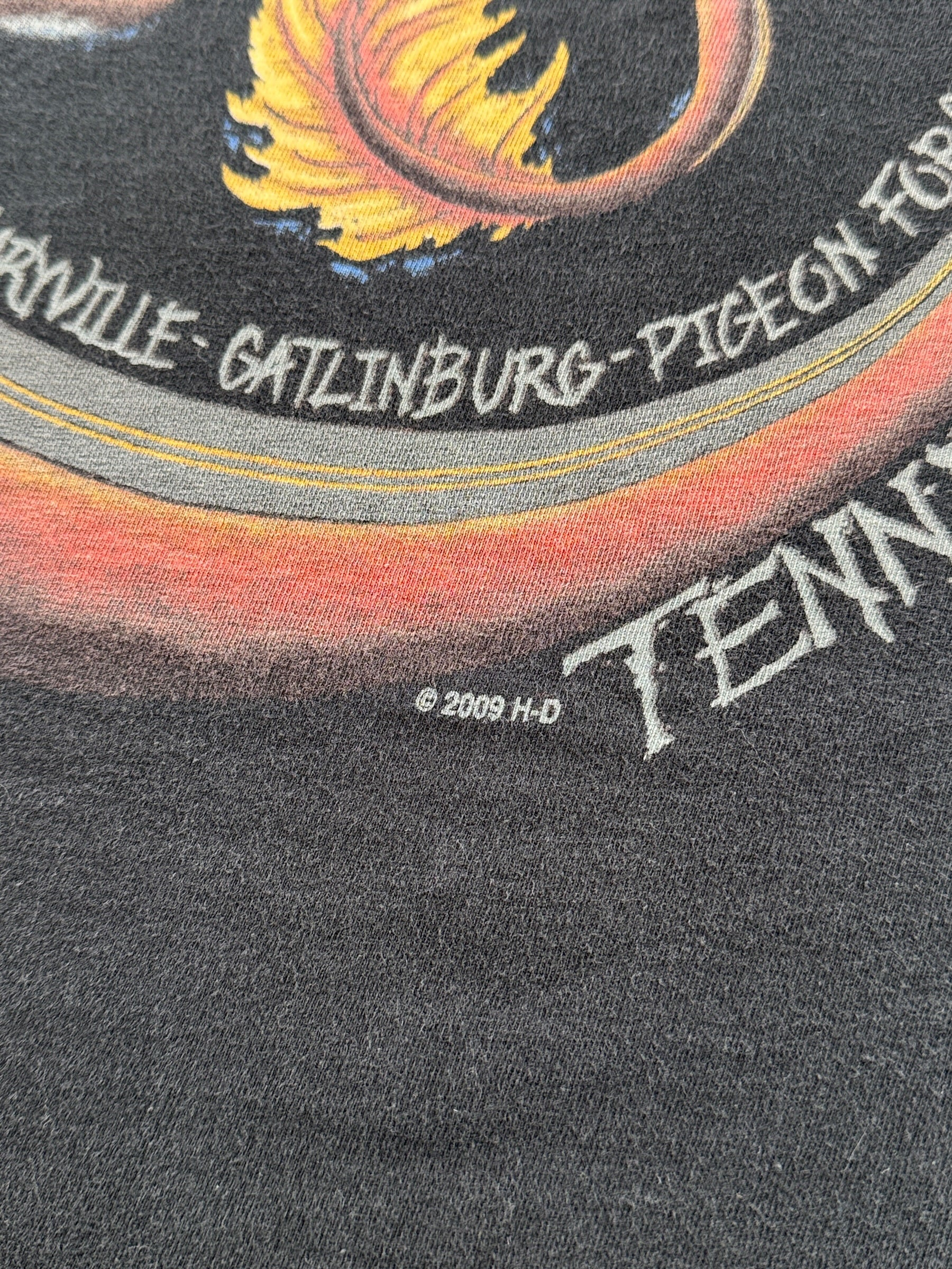 Copyright on the back of 2009 AOP Dragon Harley Davidson Tee SZ M
