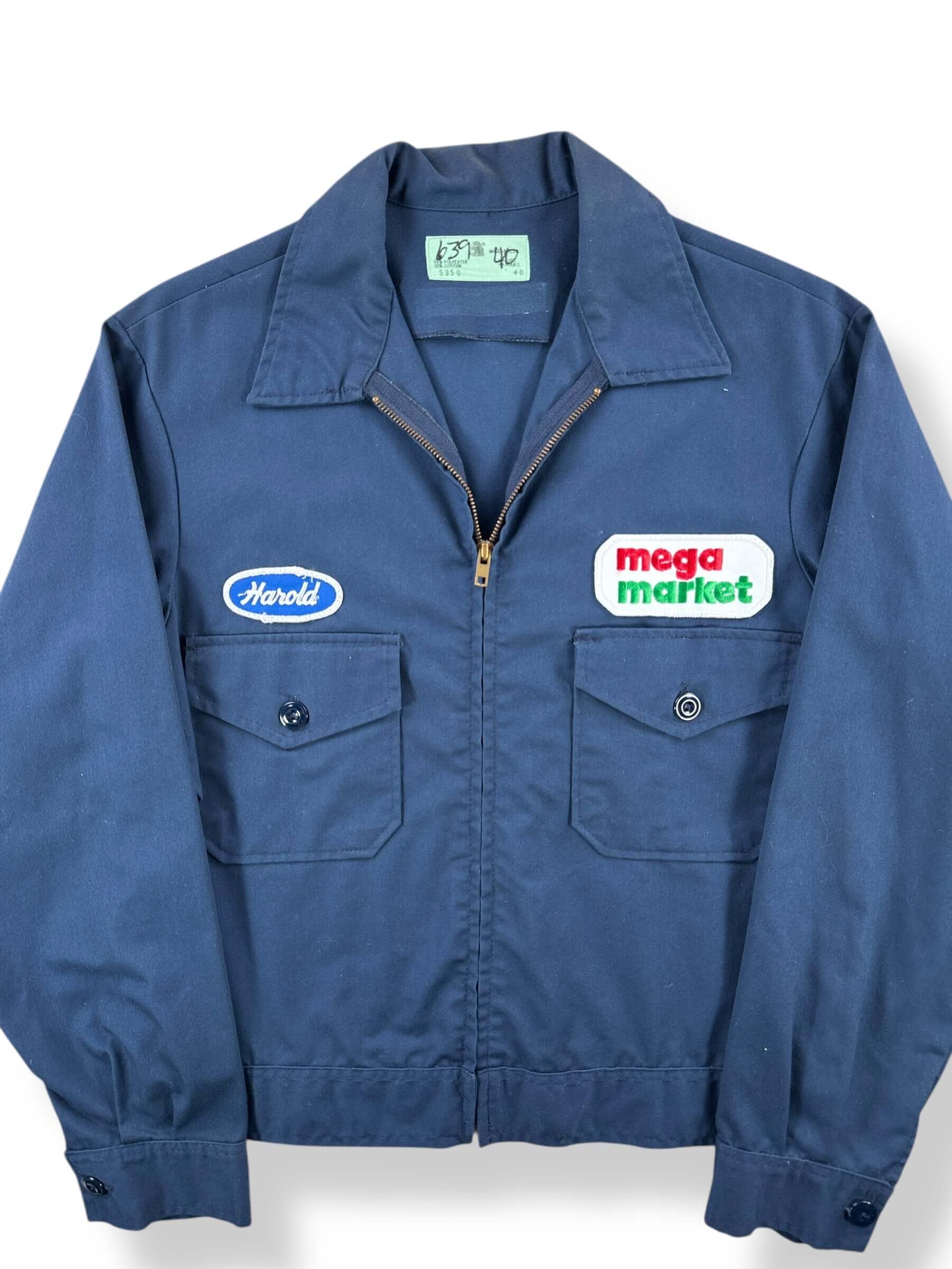 Front Close Up of Vintage Mega Market Patched Gas Station Jacket SZ 40