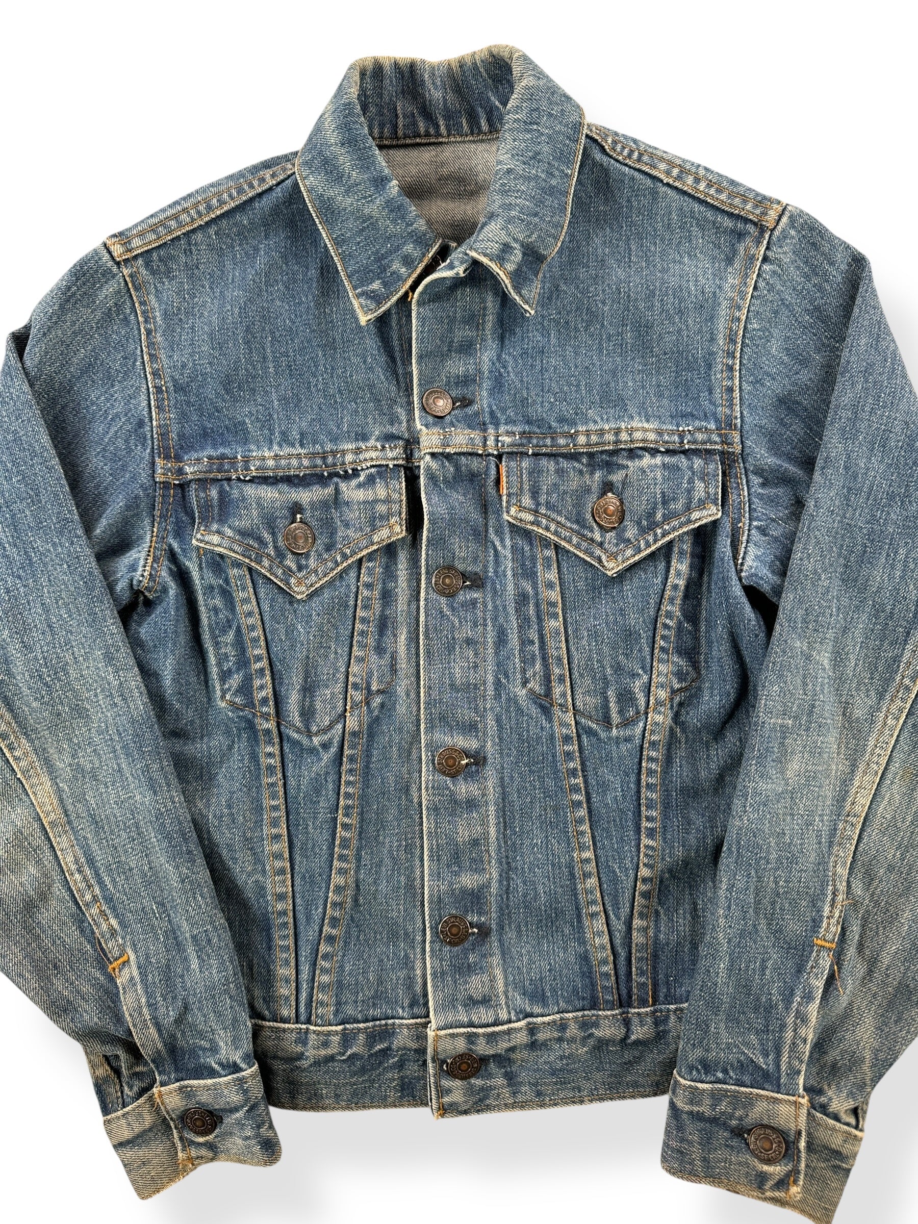 Front Close Up of Vintage Levis Orange Tab Trucker Jacket SZ XS