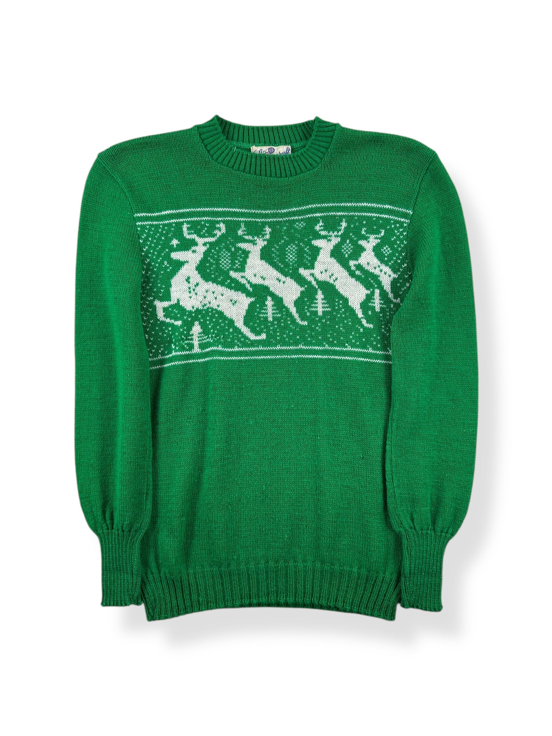 Front of Vintage Spuncraft Green Wool Reindeer Ski Sweater SZ XXS