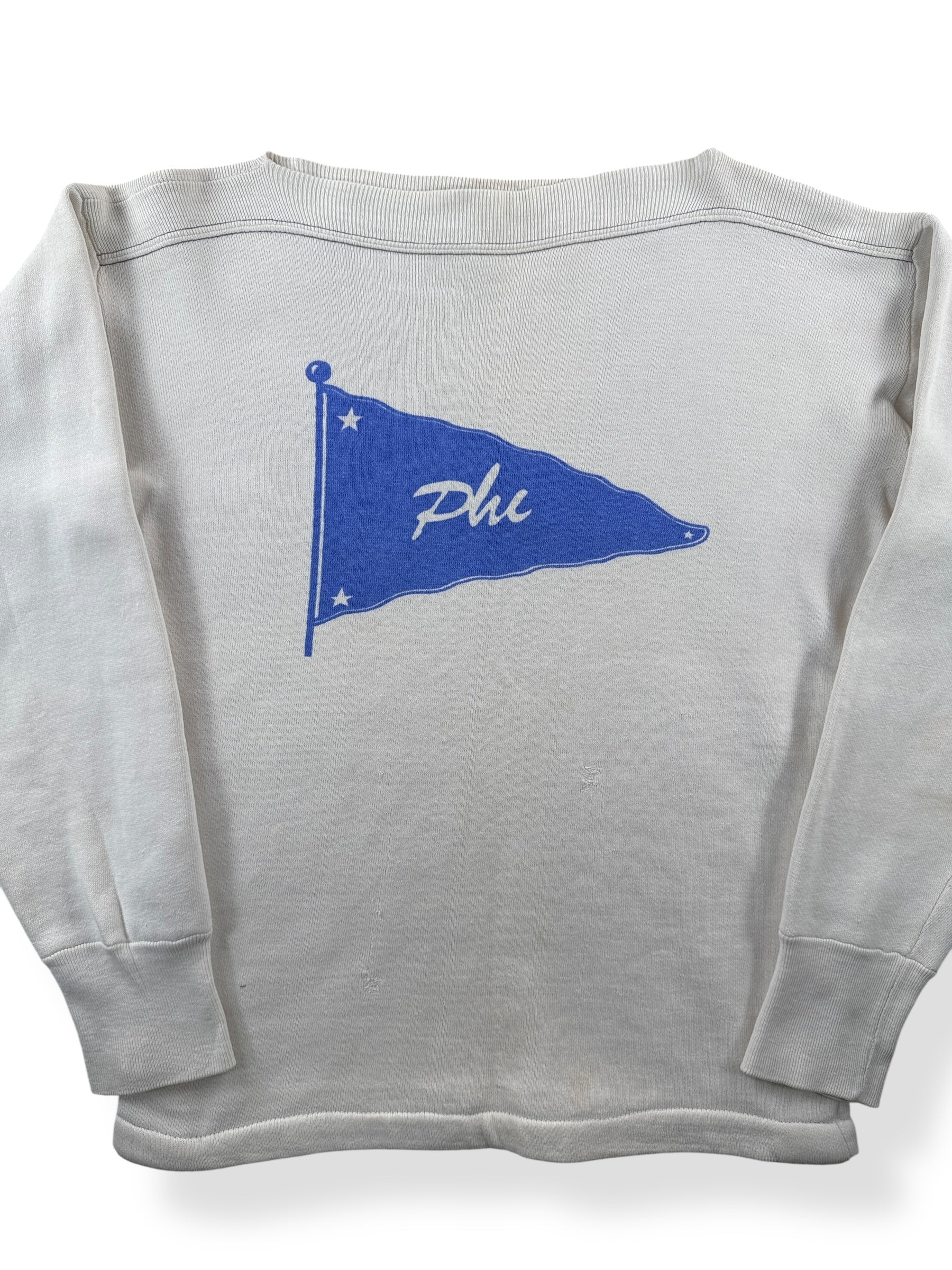 Front Close Up of Vintage Boatneck Phi Frat Sweatshirt SZ S