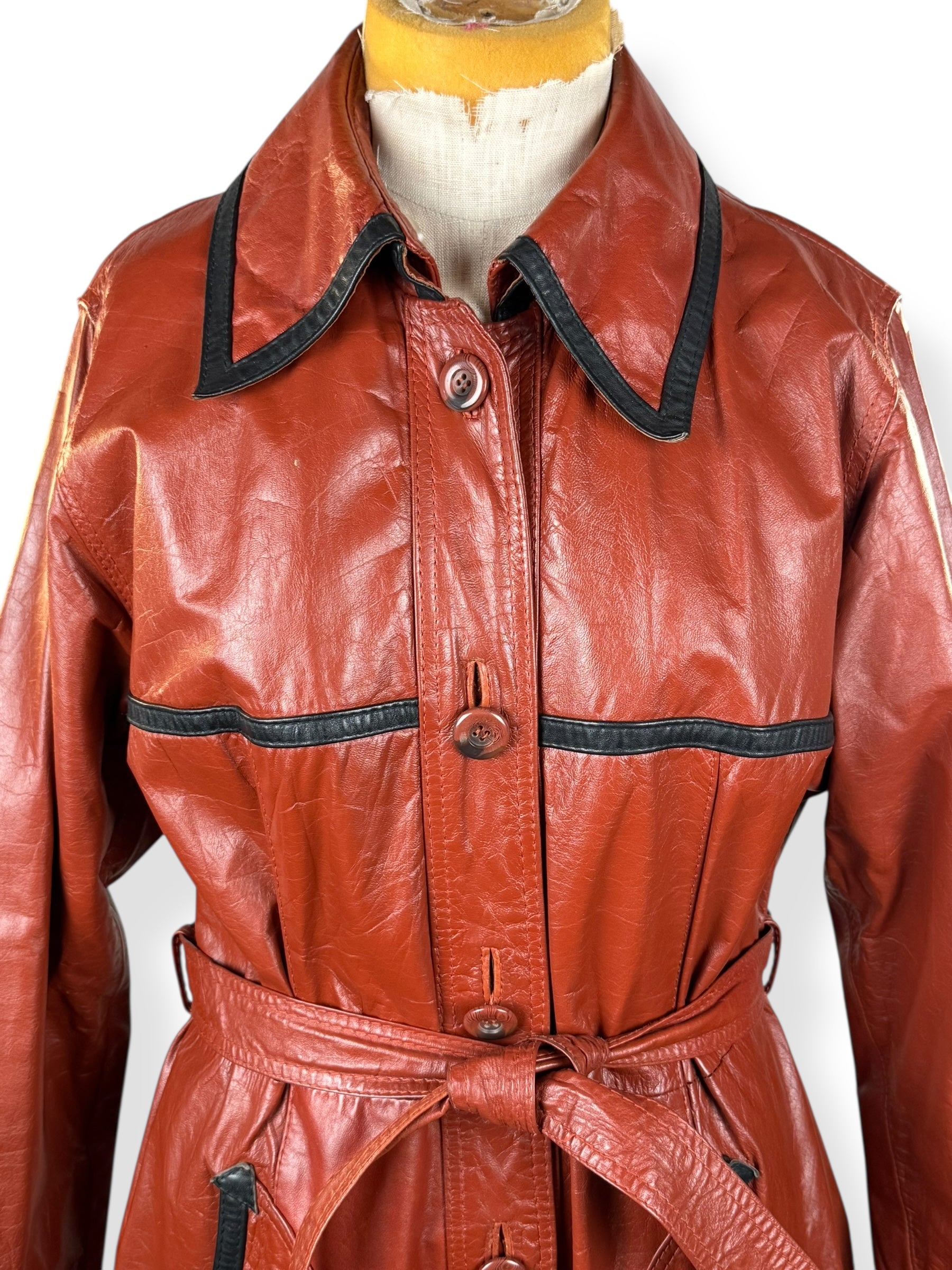 Front top of 1970s Belted Leather Trench S-M