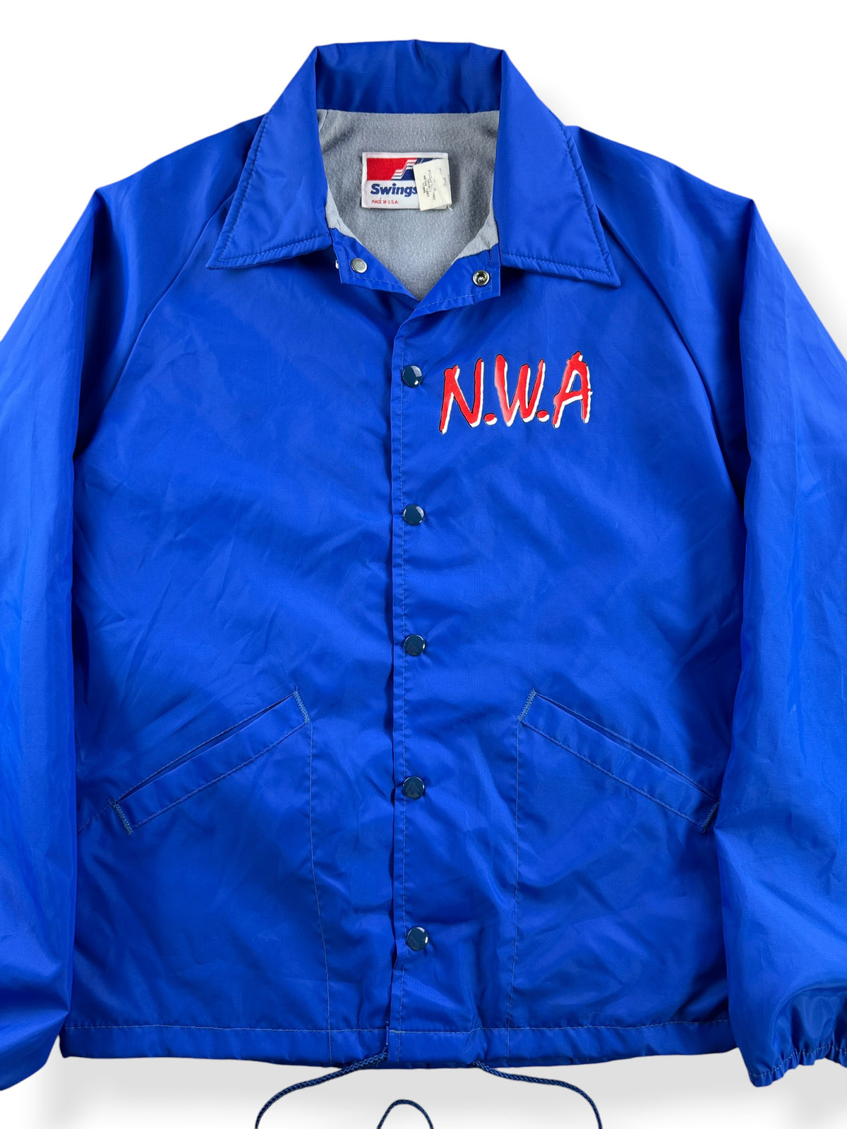 Close-up of Vintage 80s/90s N.W.A. Heatpressed Windbreaker SZ S