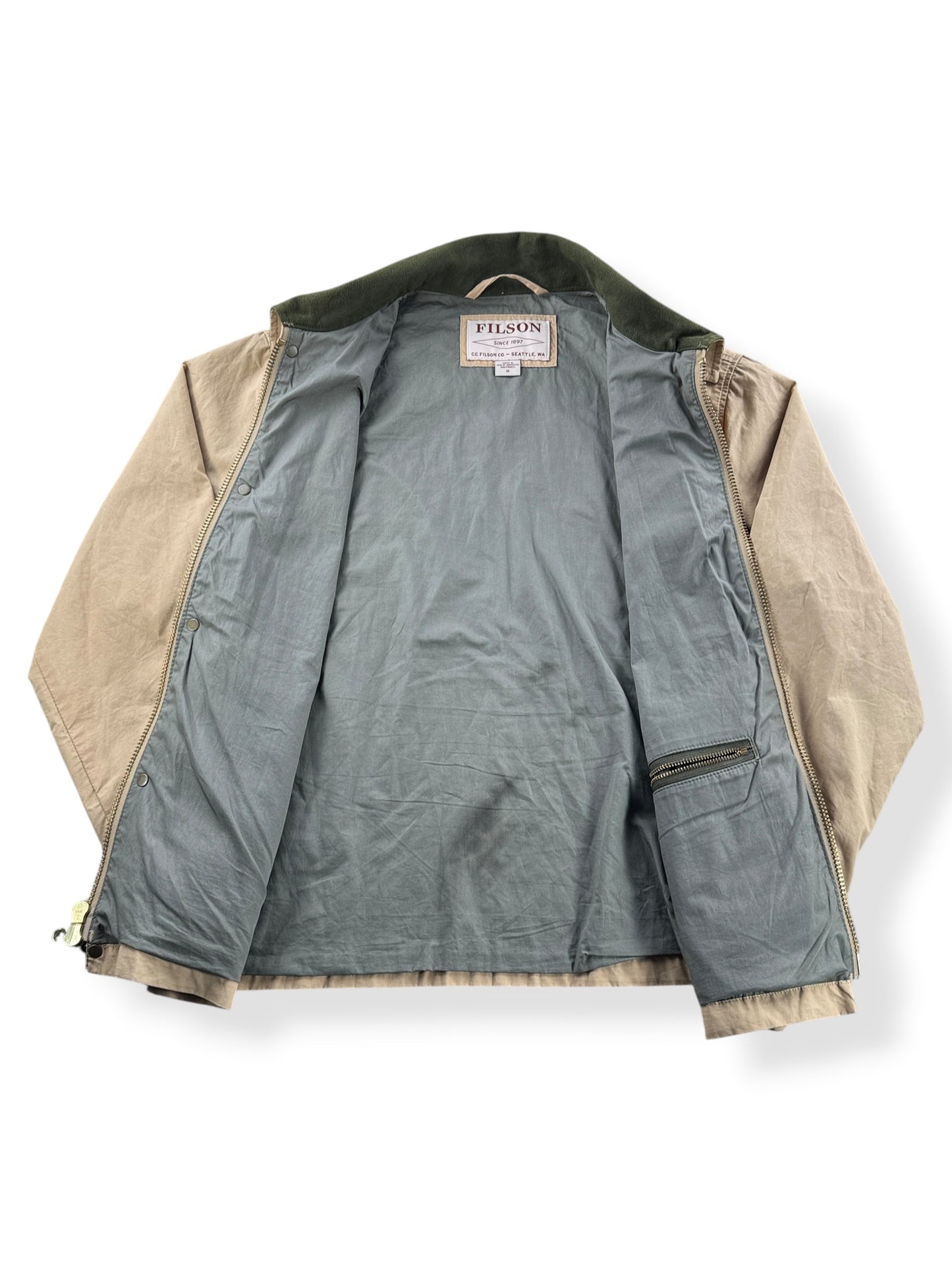 Inside of Filson Khaki Mile Marker Jacket SZ L