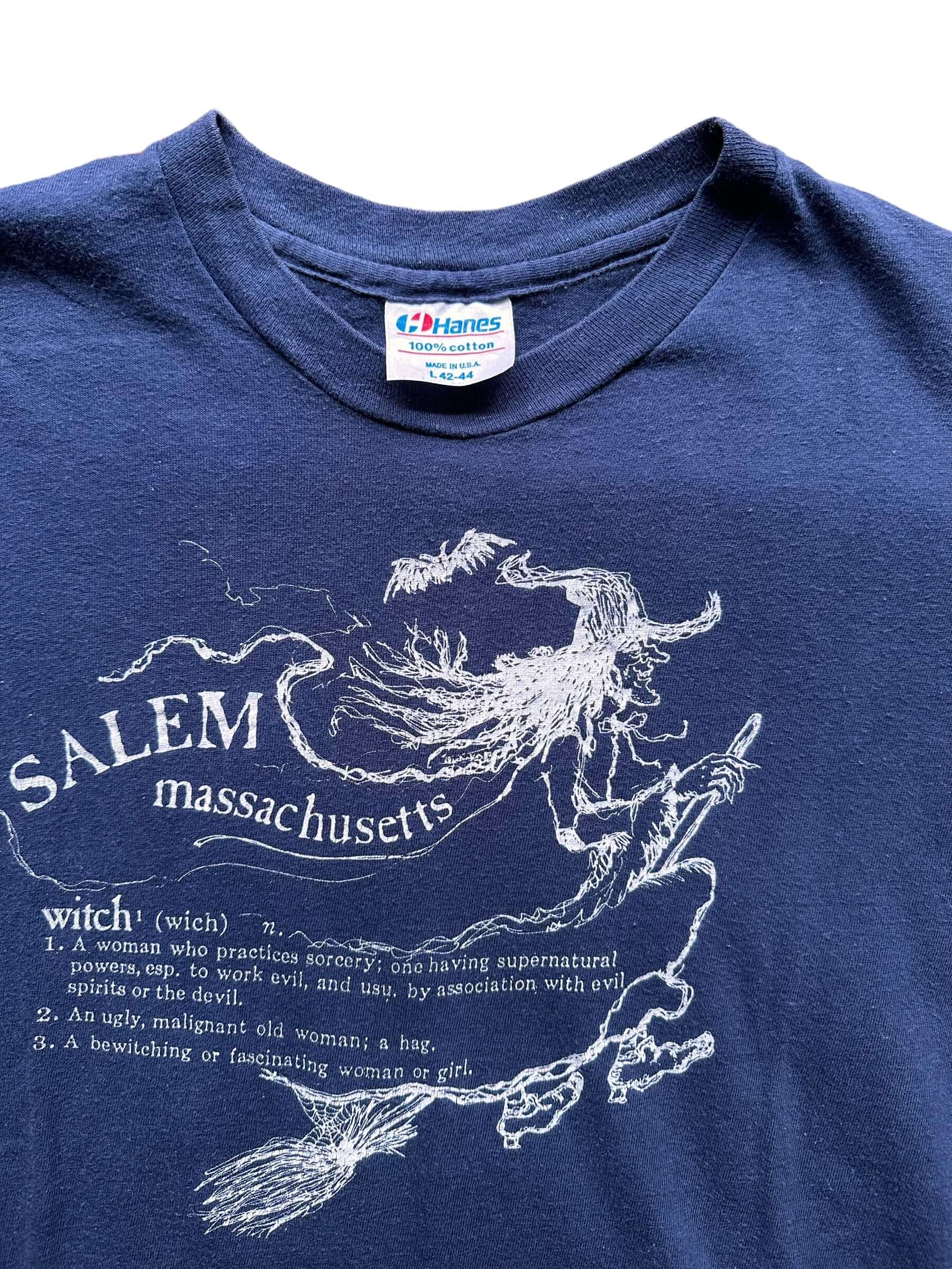 Tag View of Vintage Salem MA Witch Tee SZ L | Barn Owl Vintage Tees Seattle