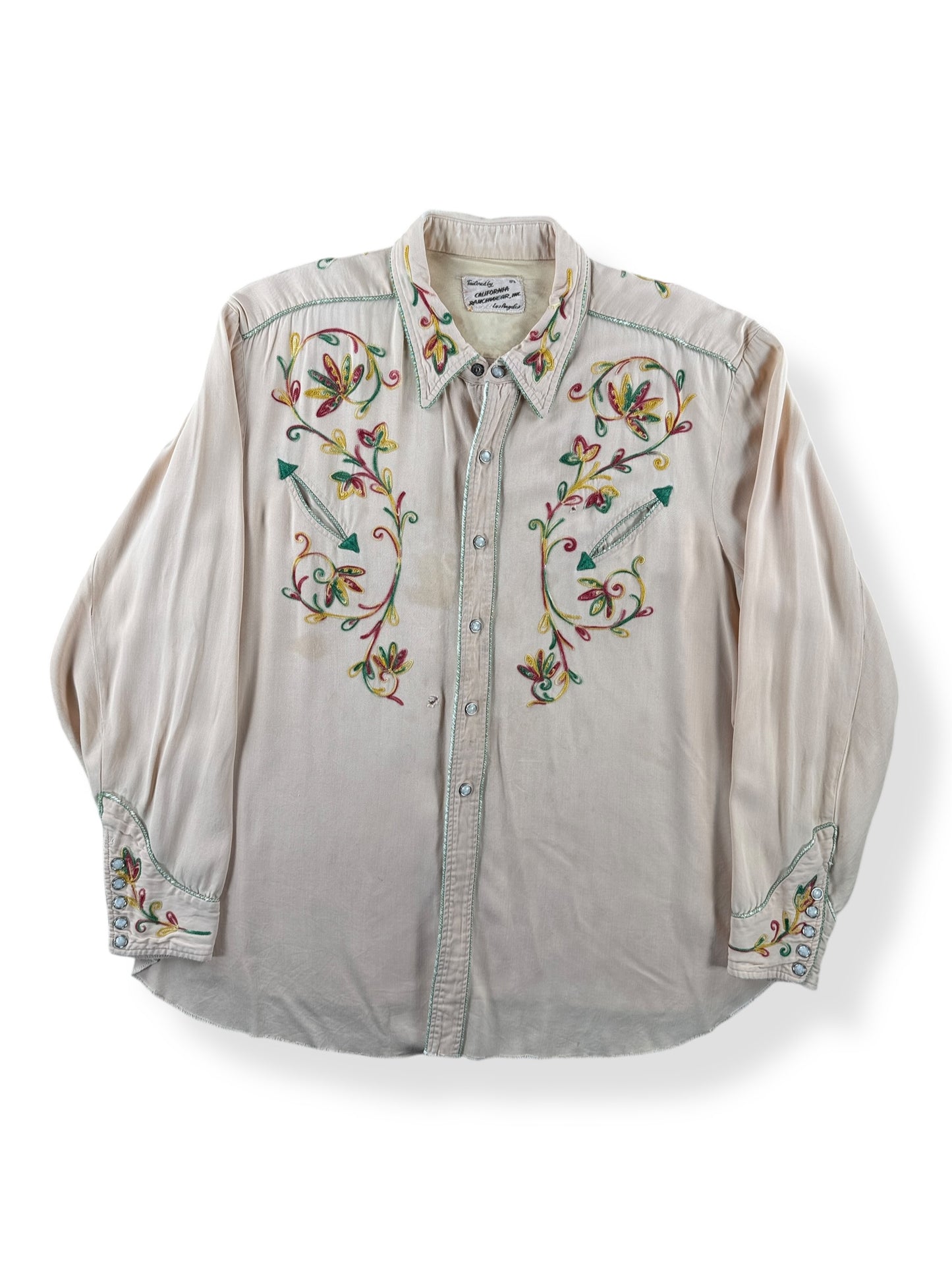 Front of Vintage California Ranchwear Rayon Gabardine Embroidered Pearl Snap SZ XL
