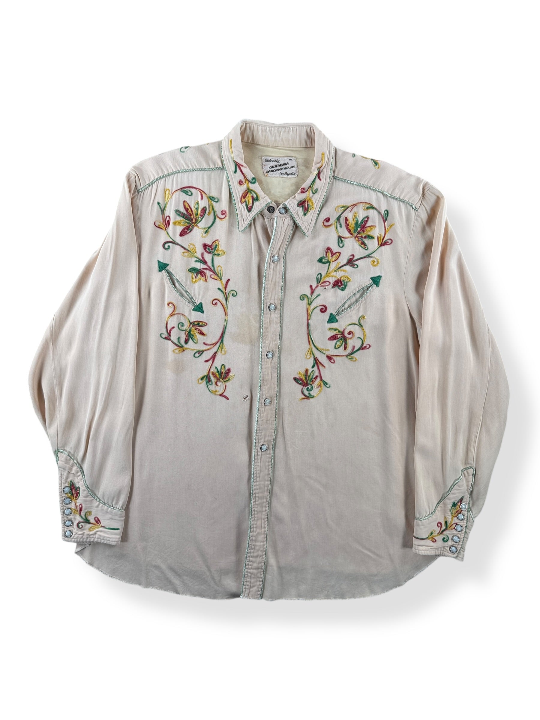 Front of Vintage California Ranchwear Rayon Gabardine Embroidered Pearl Snap SZ XL