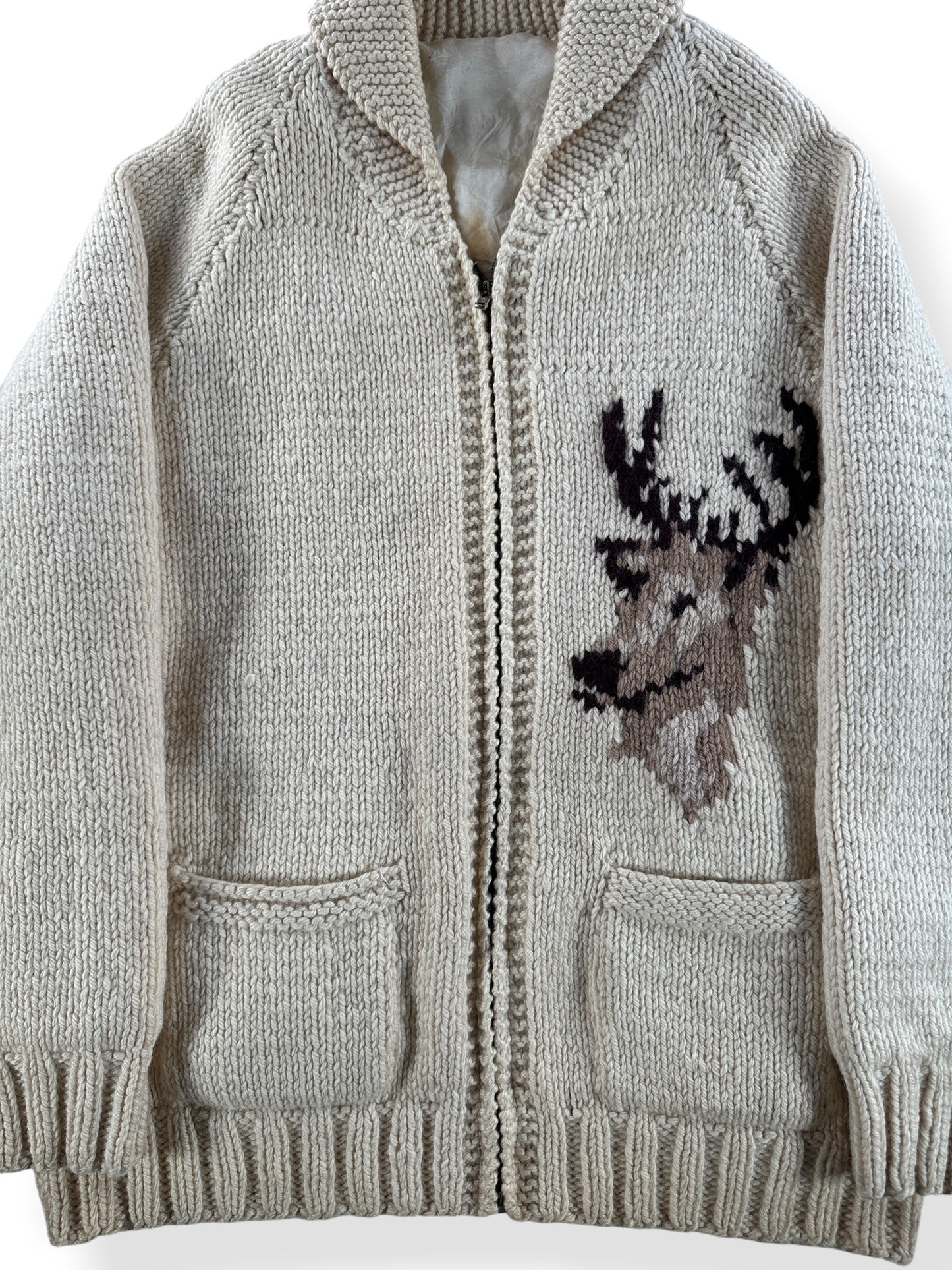 Front Close Up of Vintage Deer Cowichan Style Sweater SZ L