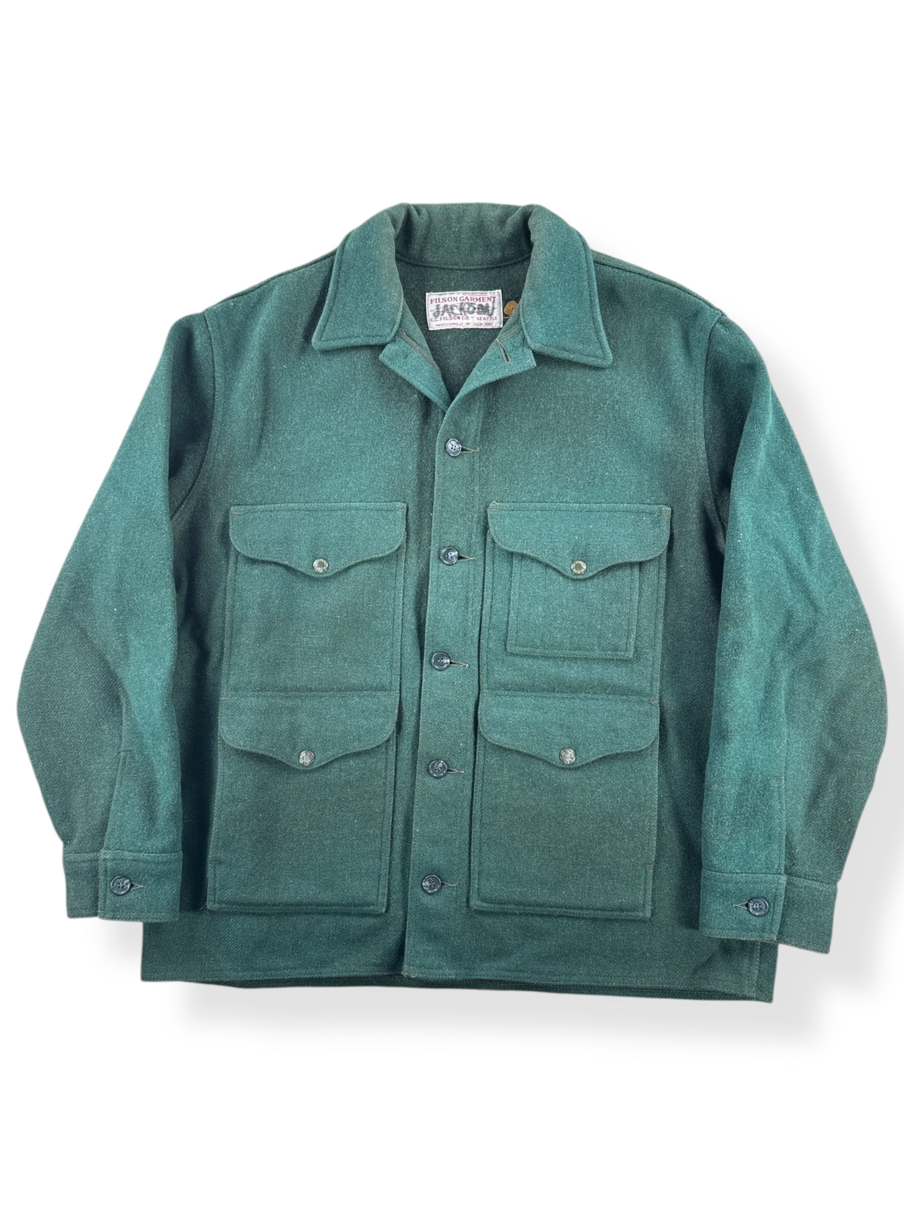 Front of Vintage Filson Forest Green Mackinaw Jacket SZ 48