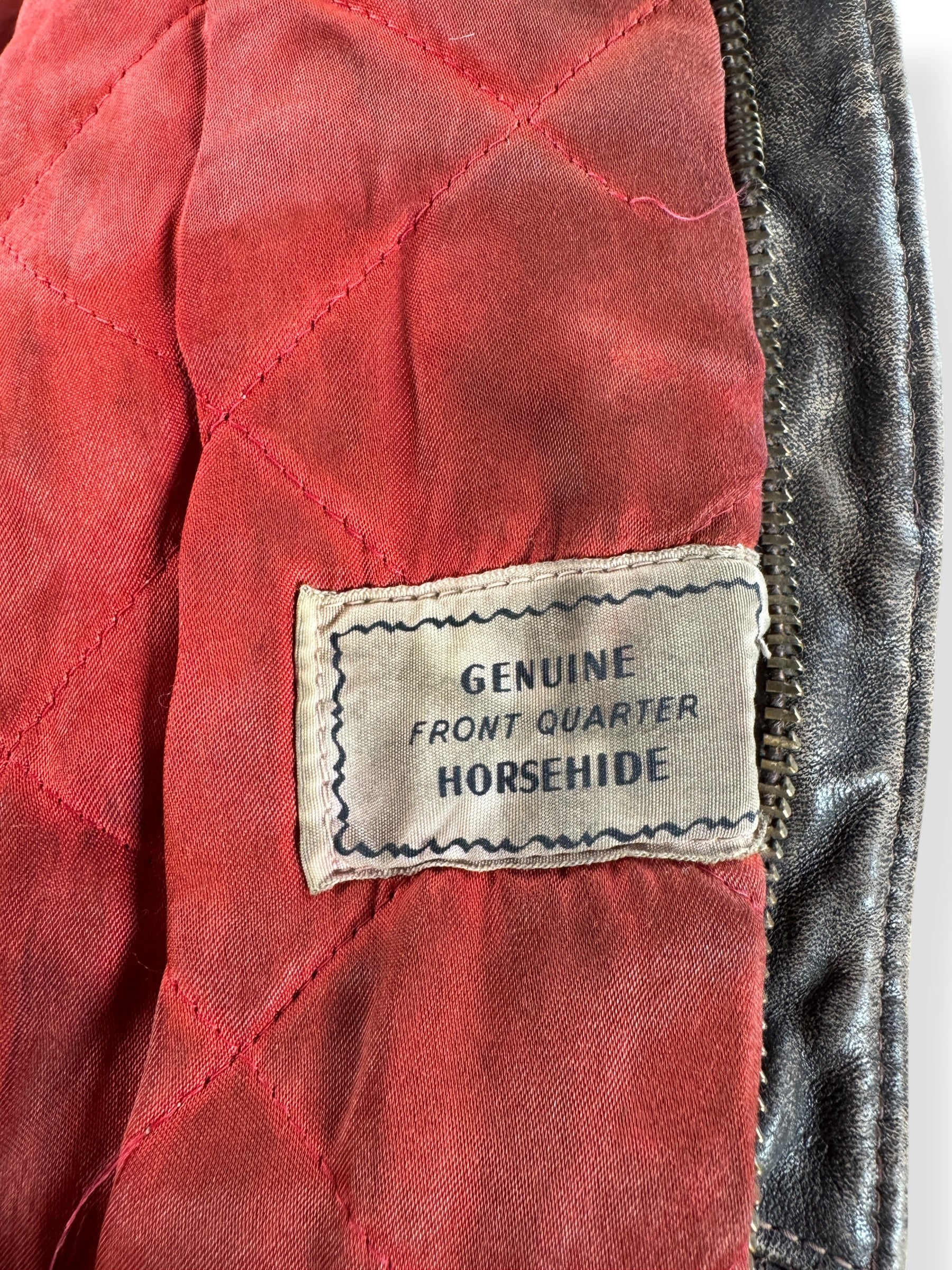 Label on Vintage Delong Sportswear Horsehide Leather Jacket SZ 40