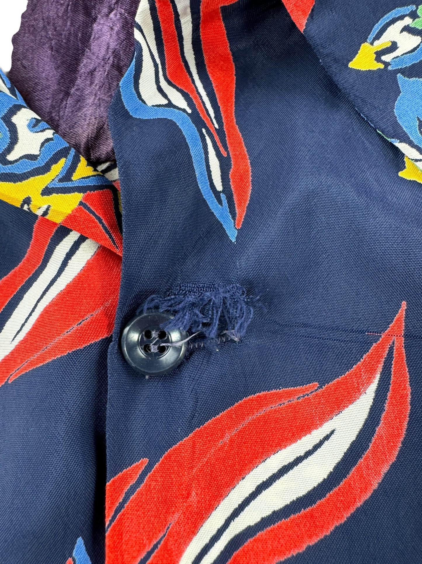 Wear on Button Hole on Vintage Navy Blue Floral Aloha Shirt SZ L AS IS