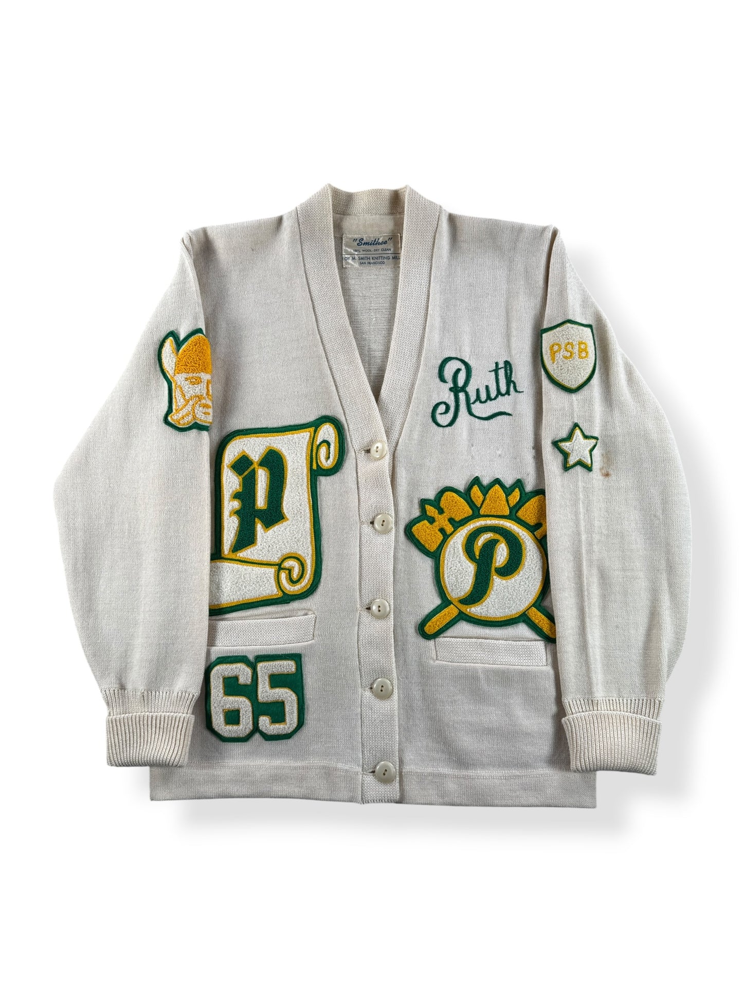 Front of Vintage Roy Smith Knitting Mills "Smithee" 65 Varsity Sweater SZ S