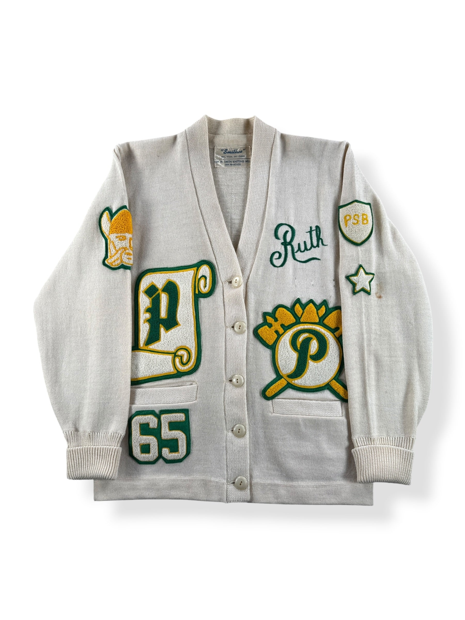 Front of Vintage Roy Smith Knitting Mills "Smithee" 65 Varsity Sweater SZ S