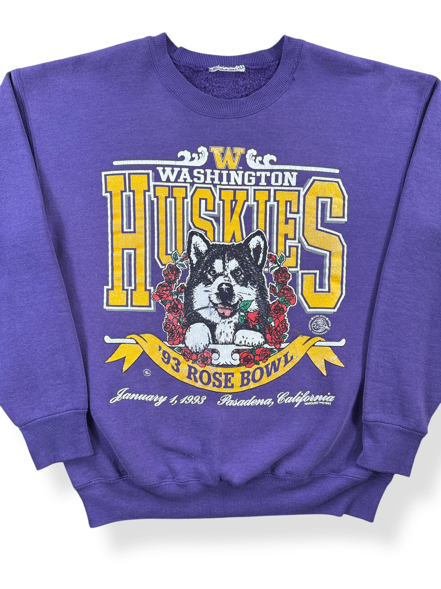 Front Close Up of Vintage '93 Rose Bowl Huskies Sweatshirt SZ M