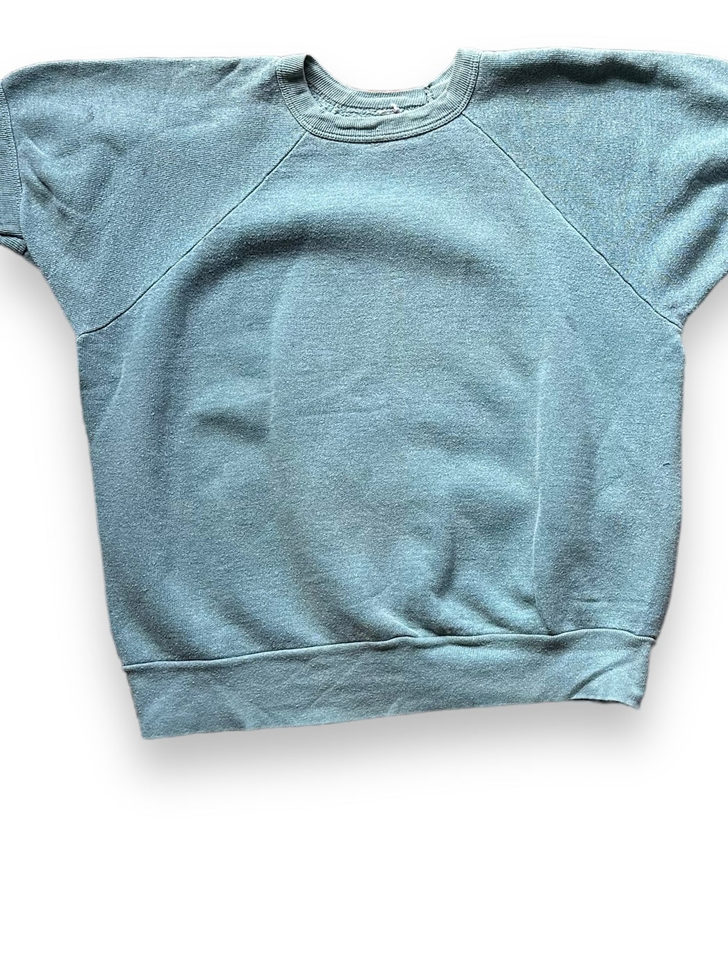 Front Detail on Vintage Pale Green Short Sleeve Crewneck Sweatshirt SZ M | Barn Owl Vintage Clothing | Seattle Vintage Sweatshirts