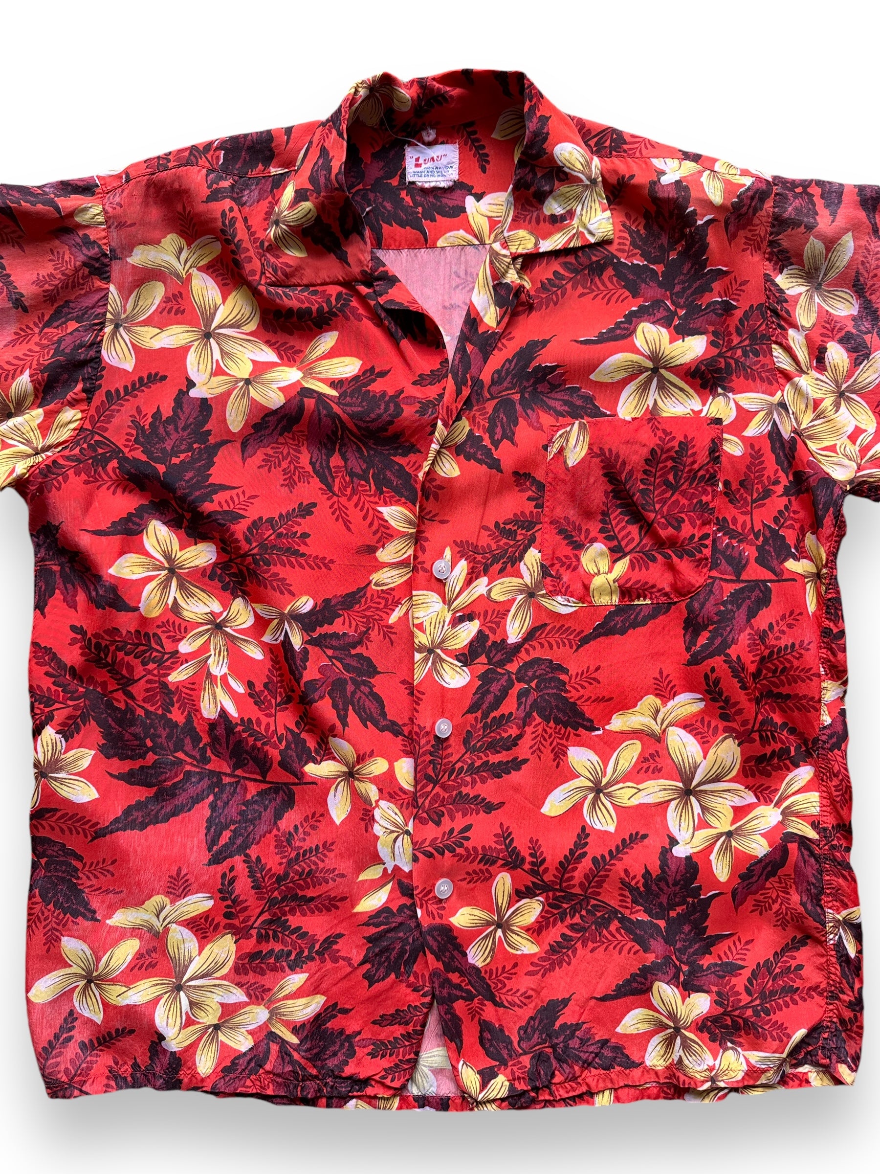 front close up of Vintage Luau Red Floral Aloha Shirt SZ M-L