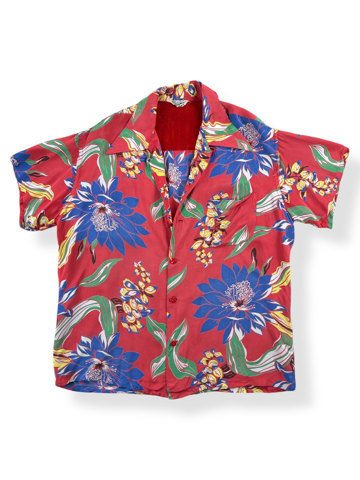 Front of Vintage Made in California Red Floral Rayon Aloha Shirt SZ M