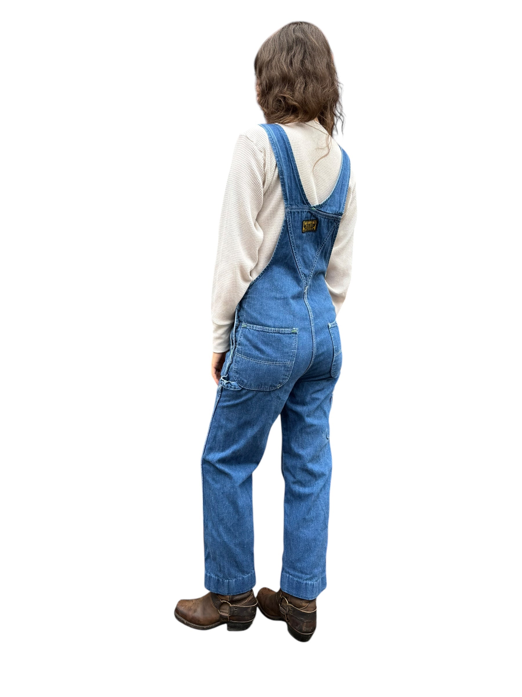 Rear View of On Body Vintage Dee Cee Denim Overalls W32