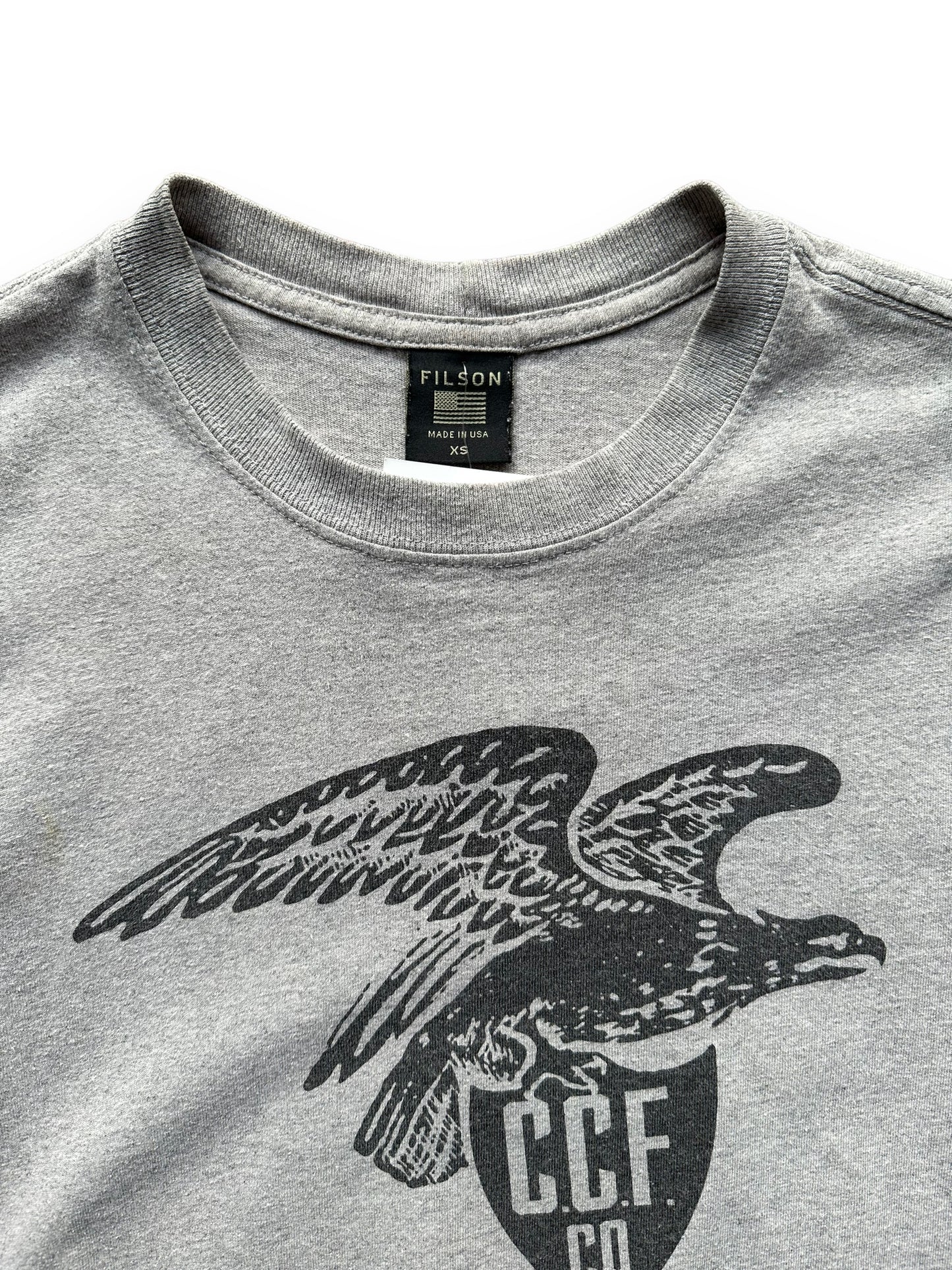 Tag View of Grey Filson Eagle Graphic Tee SZ XS |  Barn Owl Vintage Goods | Vintage Filson Workwear Seattle
