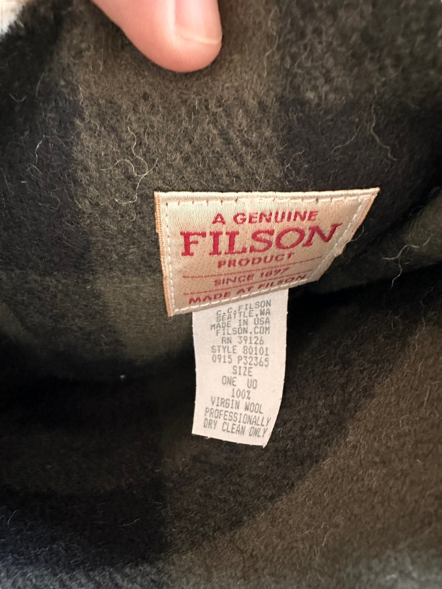 Production Tag View of Filson Forest Green Plaid Mackinaw Wool Christmas Stocking |  Barn Owl Vintage Goods | Vintage Filson Workwear Seattle