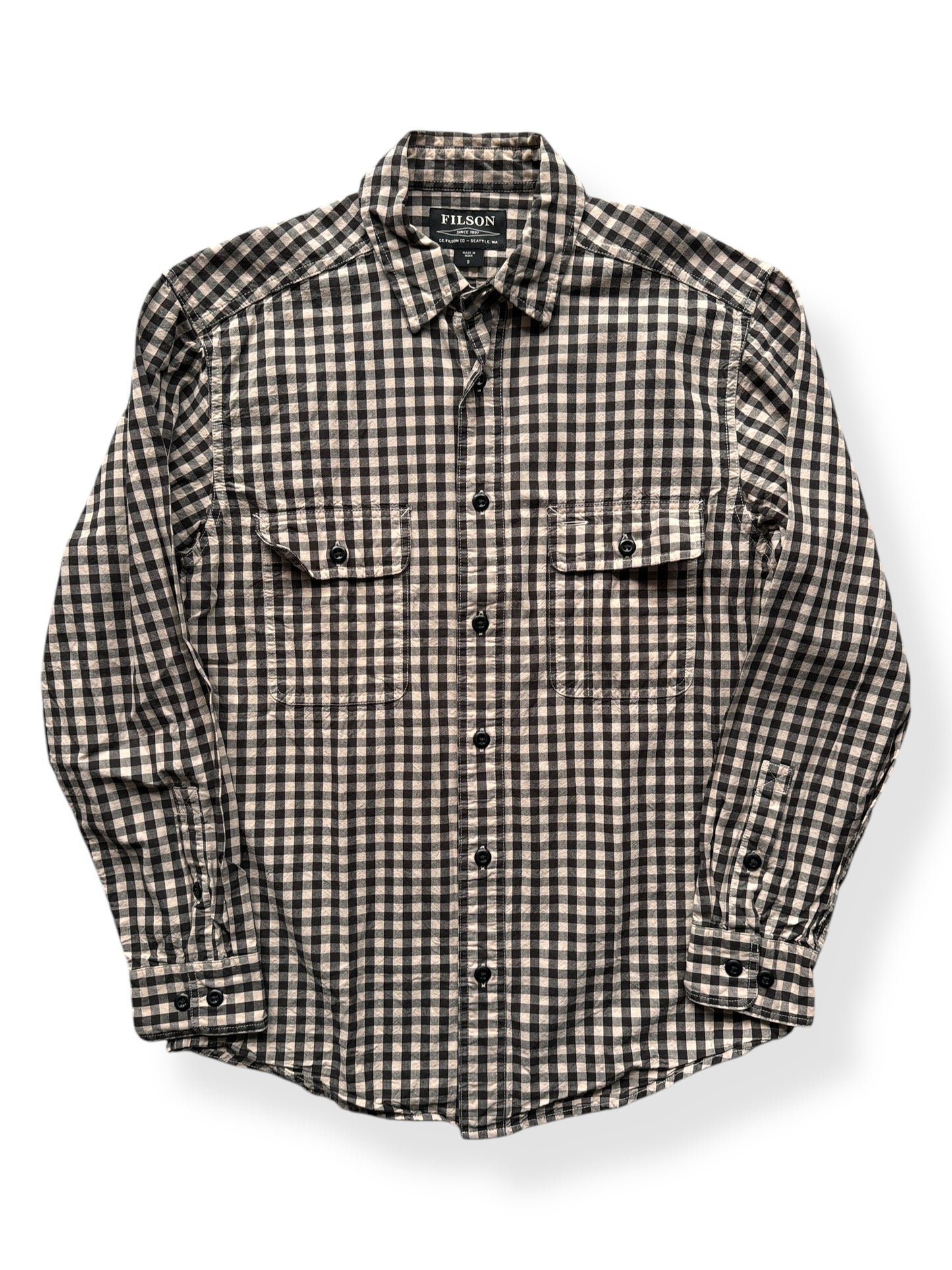 Front of Filson Black Tan Gingham Shirt SZ S