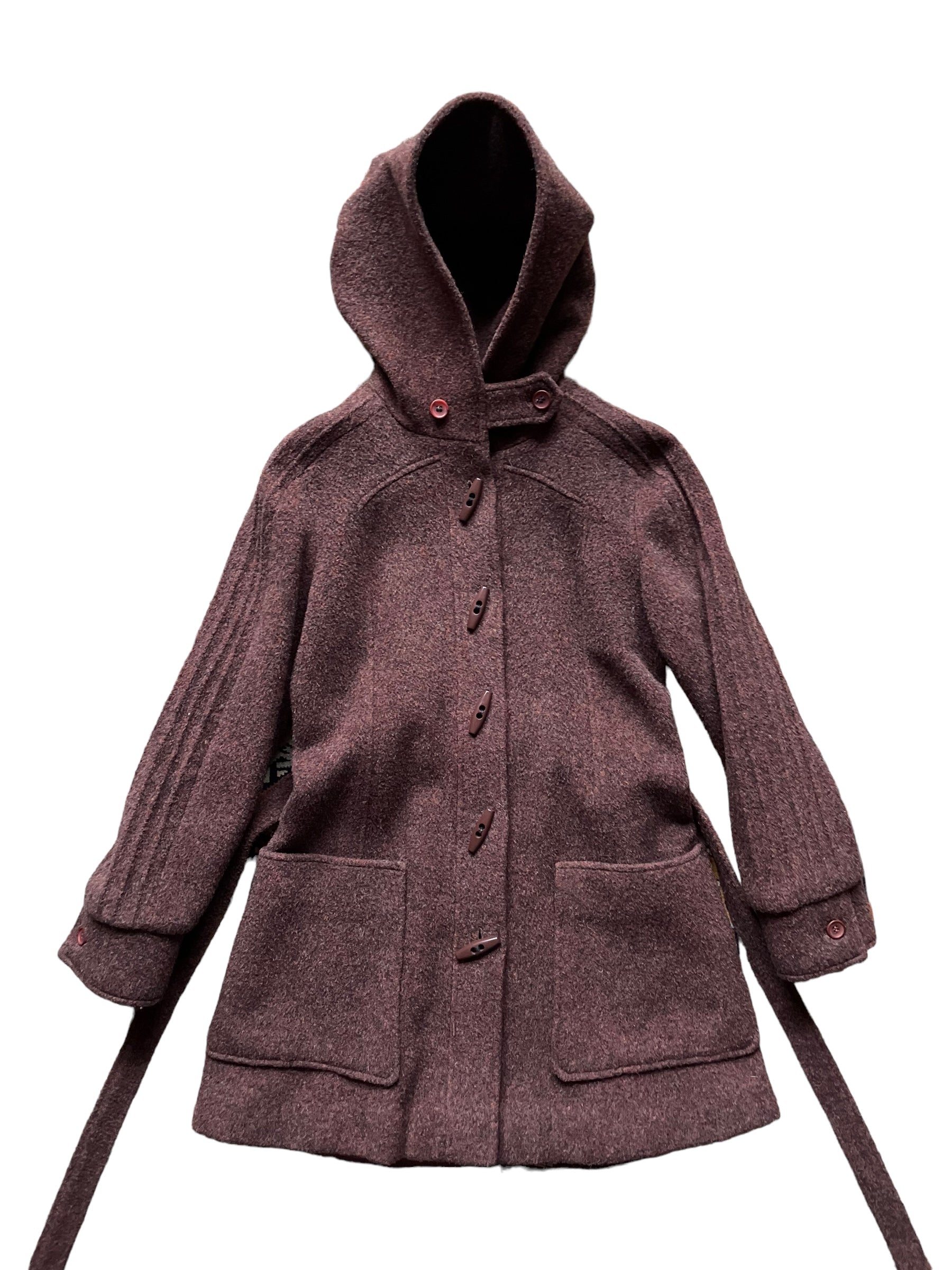 Full front view open belt of Vintage 1970s Luba Wool Hooded Coat SZ S-M | Seattle True Vintage | Barn Owl Vintage Coats