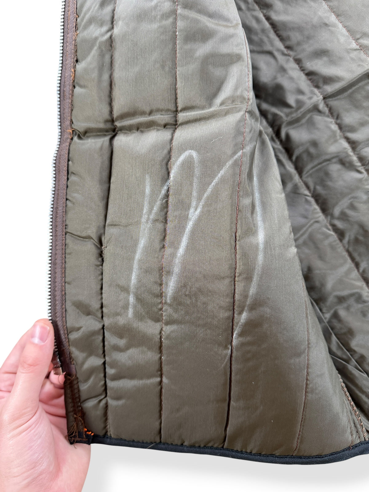 M writing on inside of Vintage Quilted Brown Vest SZ M